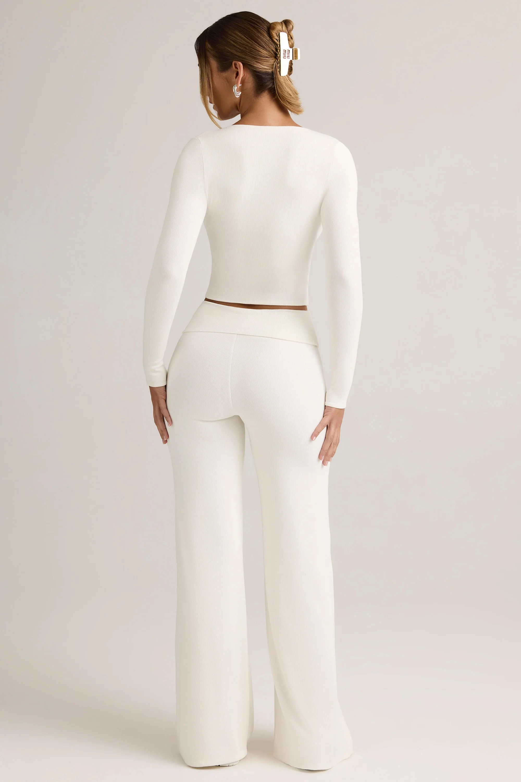 Modal Ribbed Foldover Wide-Leg Trousers in White