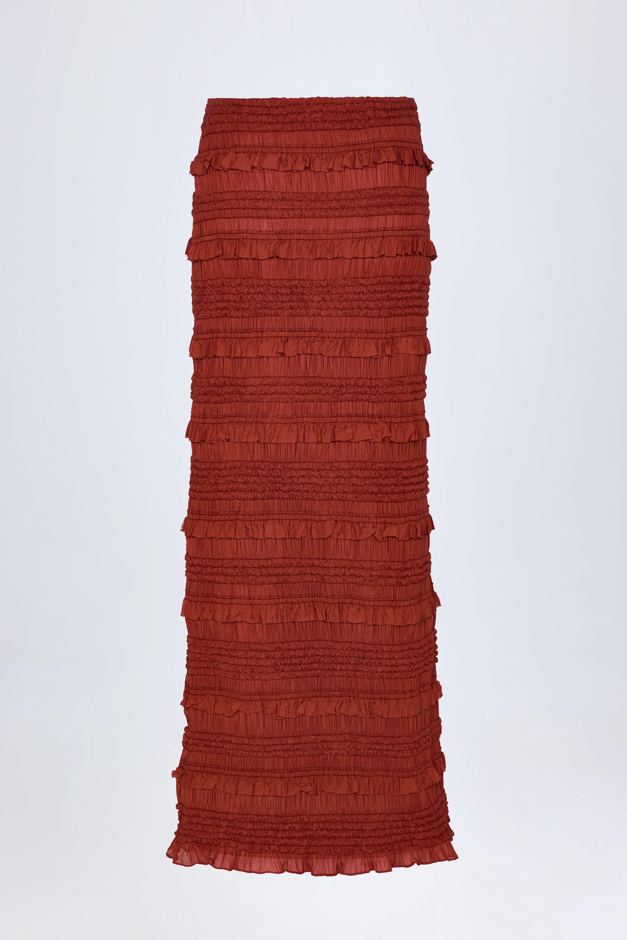Ruffled Mid-Rise Maxi Skirt in Burnt Red