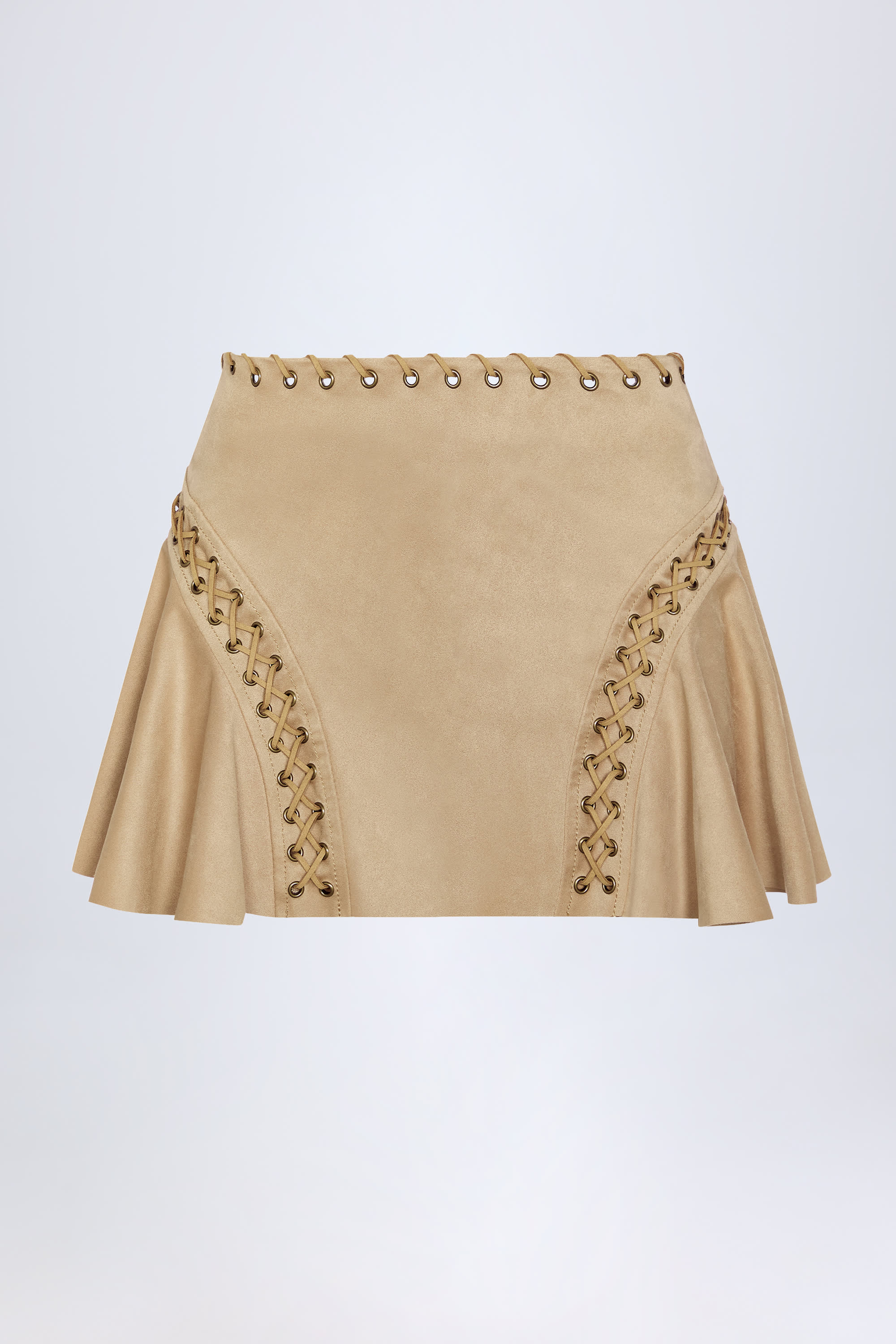 Lace-Up Mid-Rise Mini Skirt in Tan