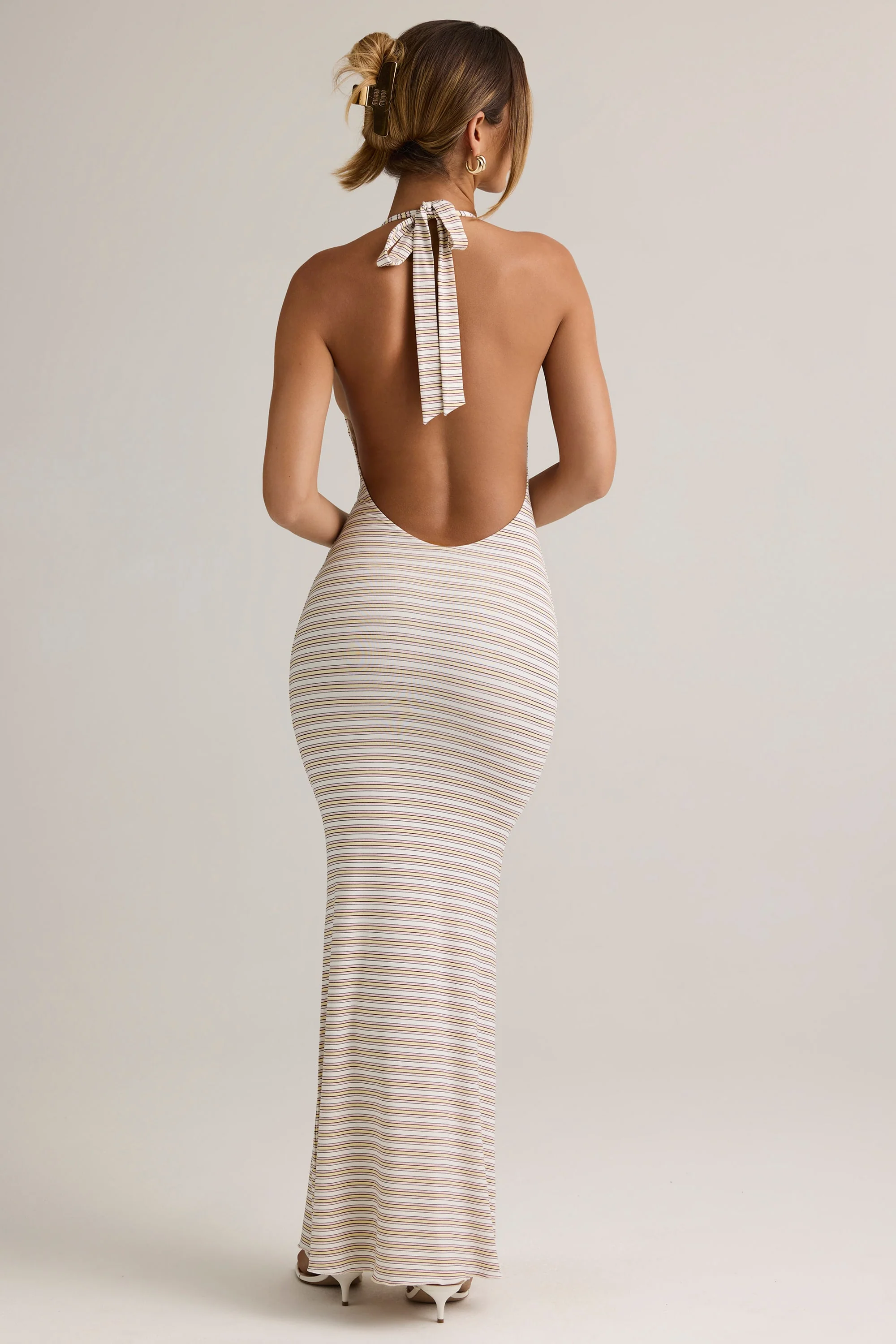 Modal Backless Halterneck Maxi Dress in Pink & Yellow Stripe
