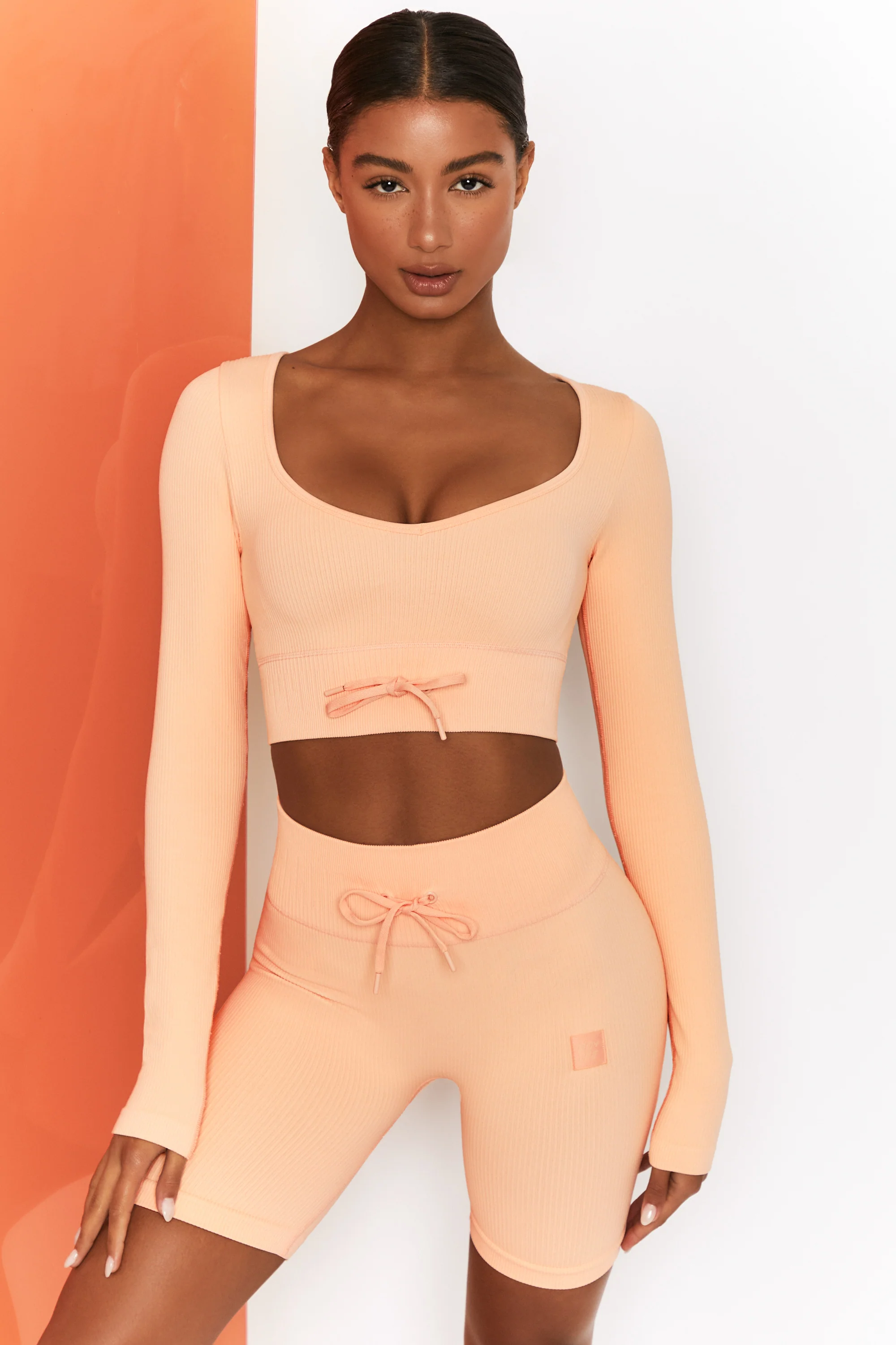 Time Check Ribbed Long Sleeve Crop Top in Peach
