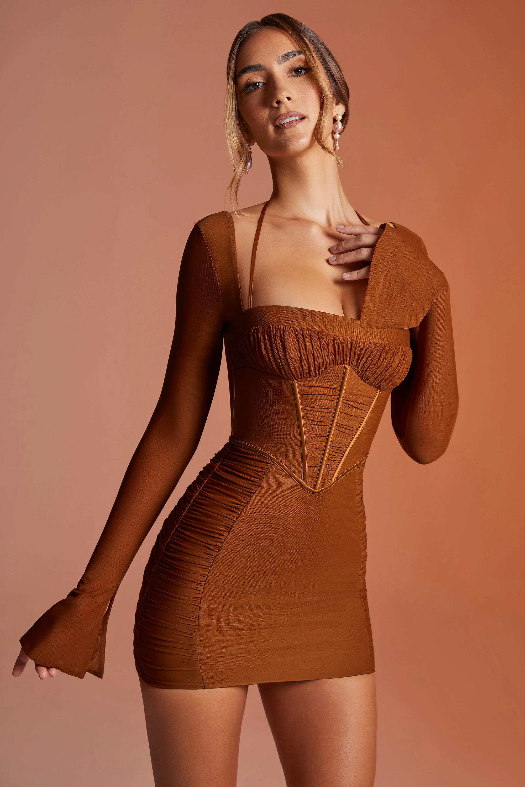 Long Sleeve Ruched Mini Dress in Brown