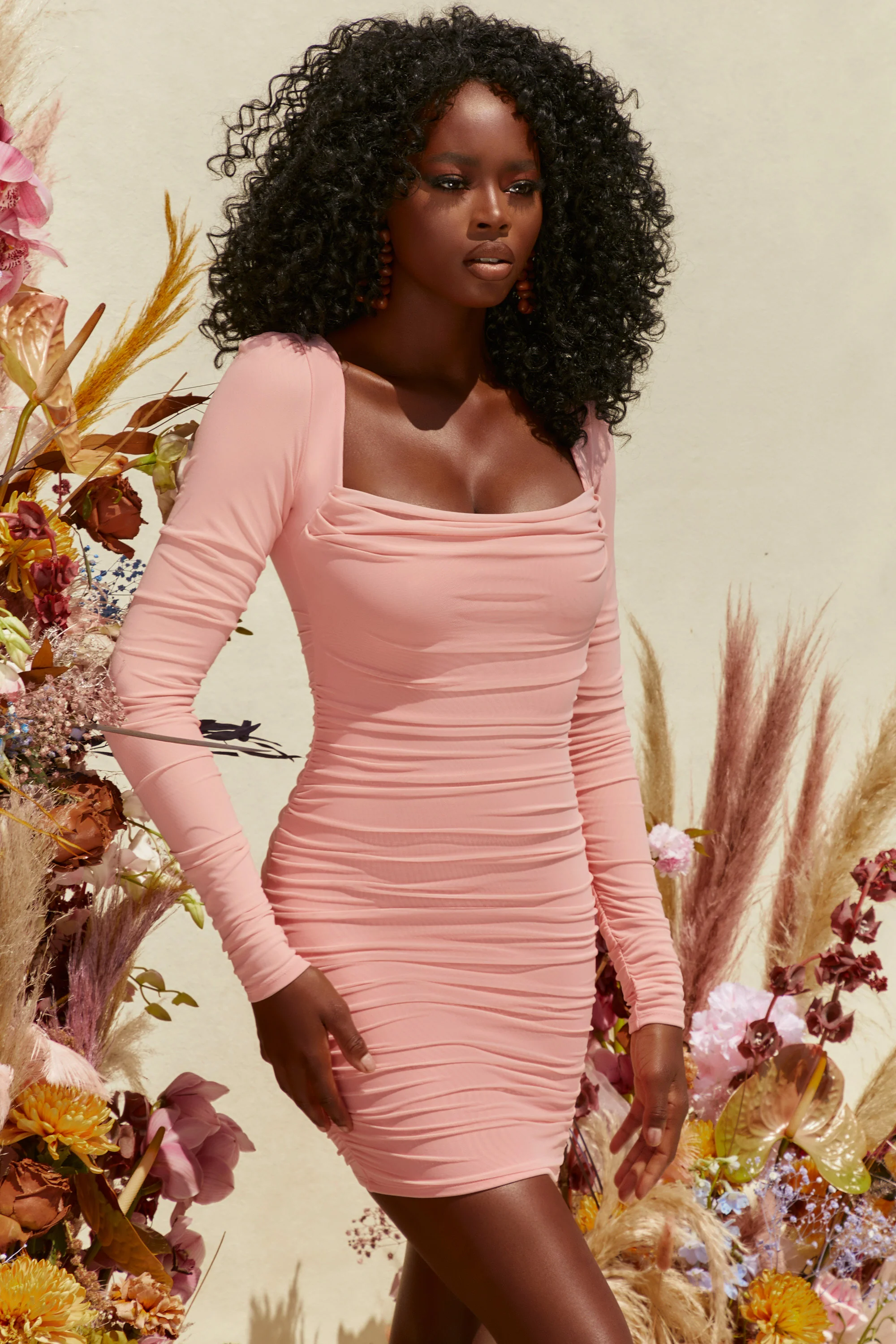Long Sleeve Mesh Mini Dress in Blush
