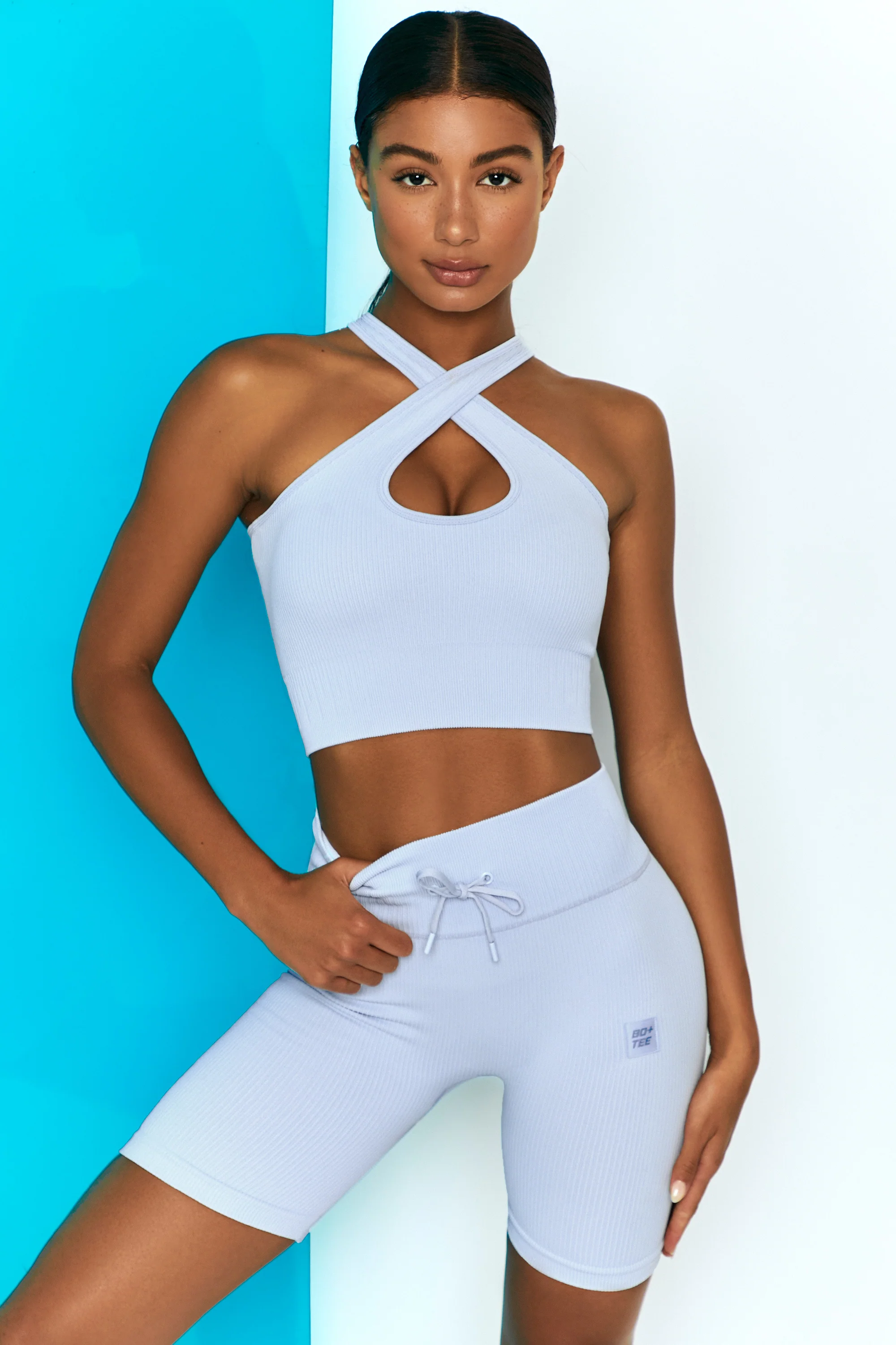 Ribbed Halter Crop Top in Cool Blue
