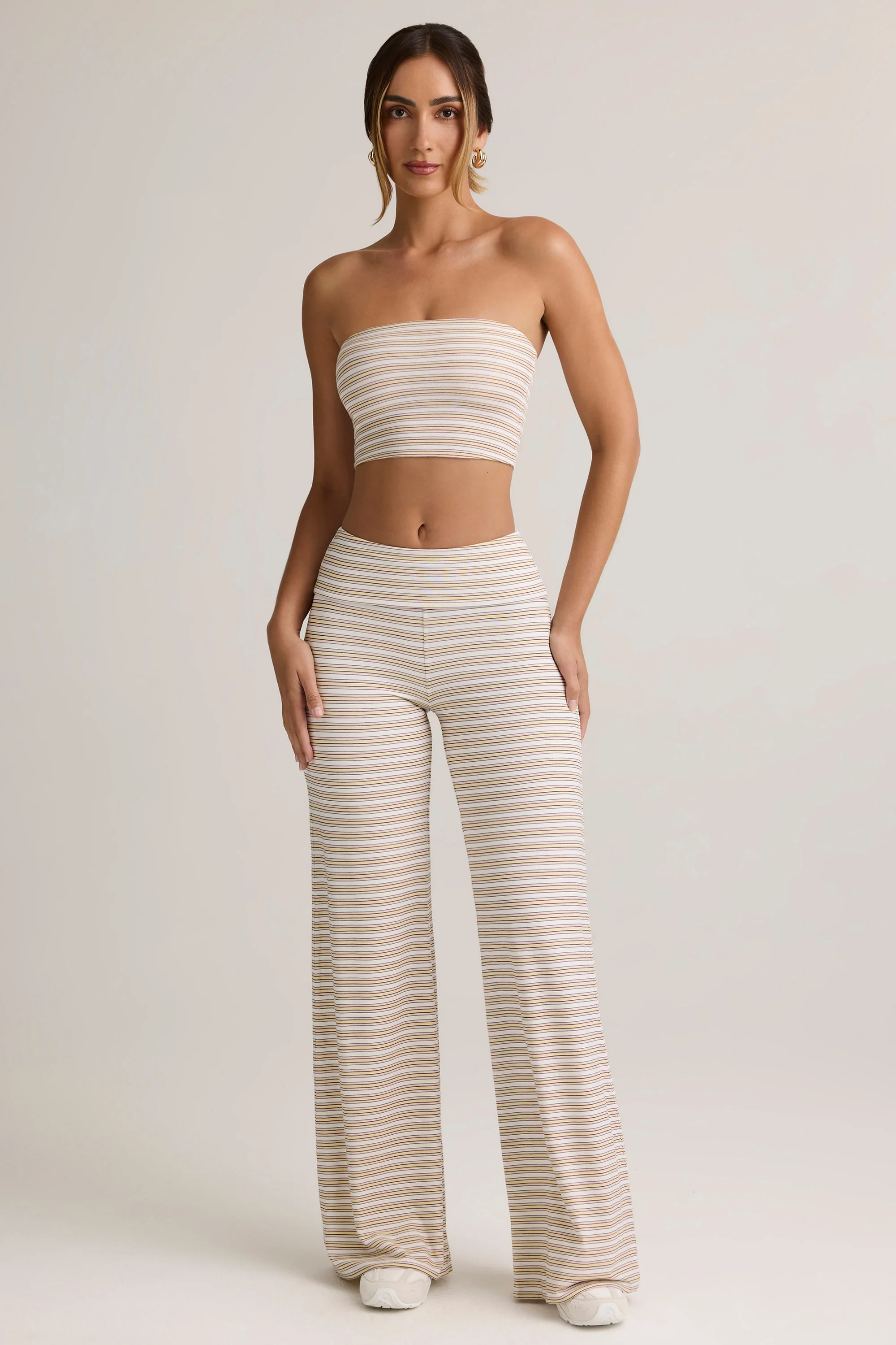Modal Ribbed Foldover Wide-Leg Trousers in Pink & Yellow Stripe