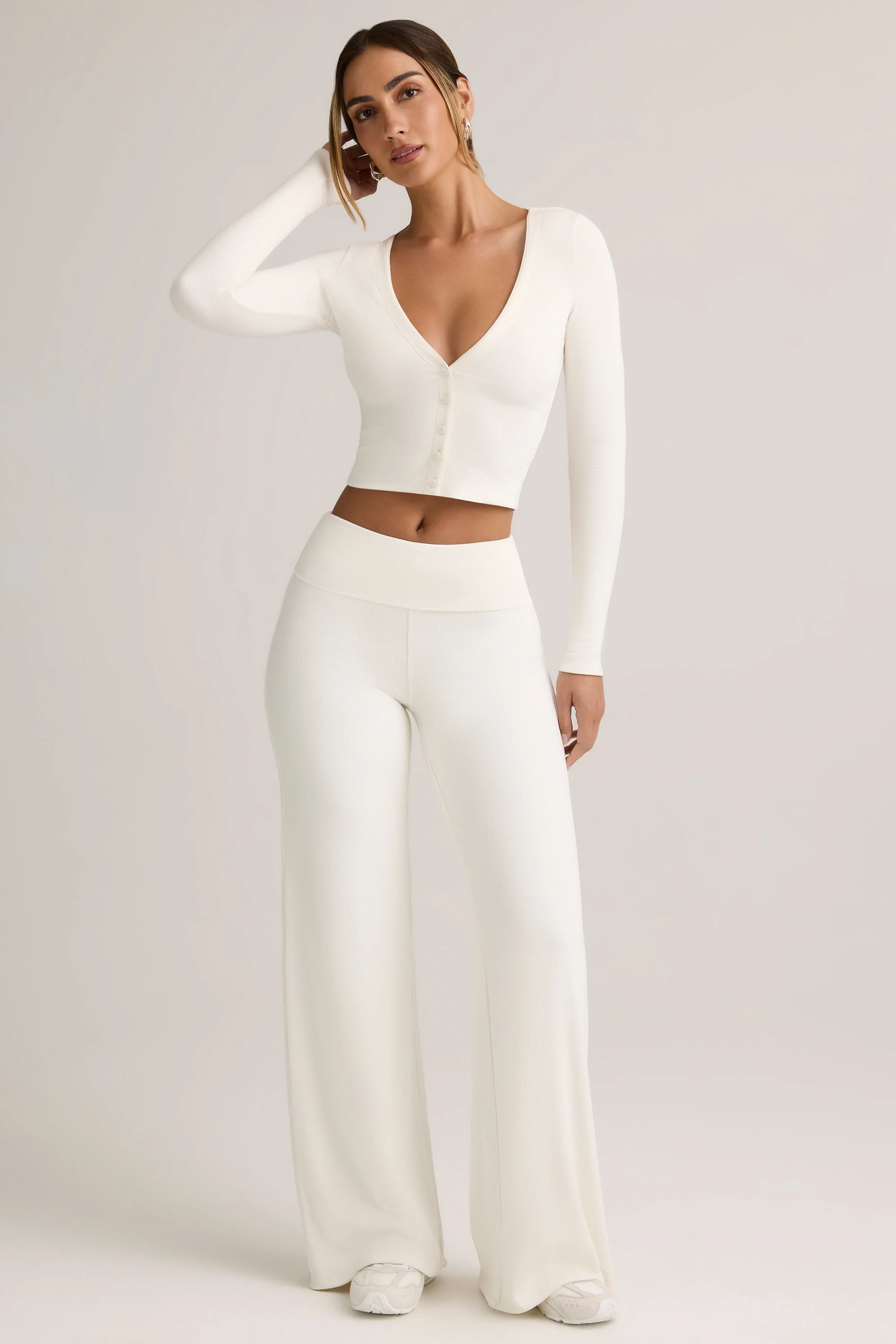 Modal Ribbed Cropped Cardigan in White