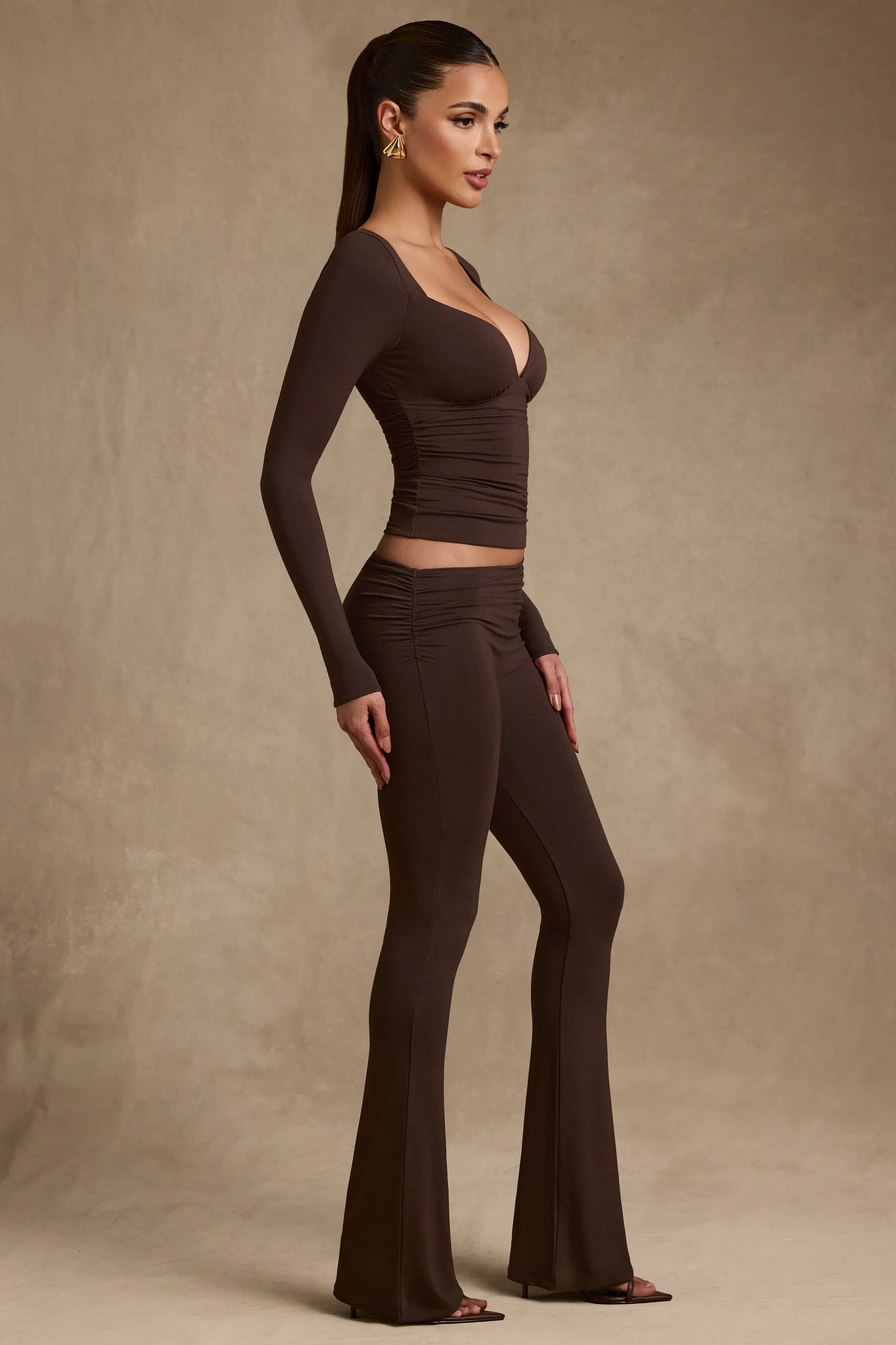 Modal Asymmetric-Waist Flared Trousers in Chocolate Brown