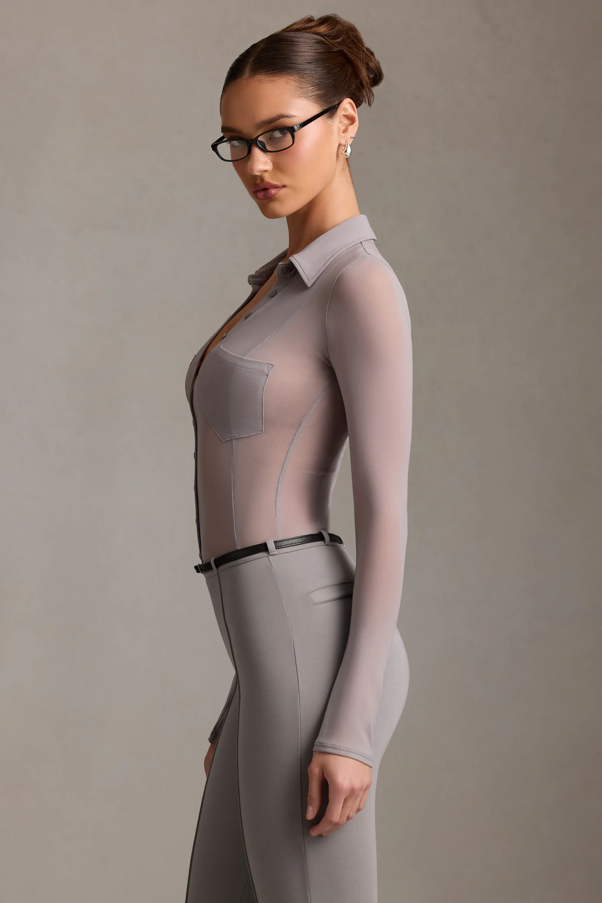 Sheer Long-Sleeve Shirt in Grey
