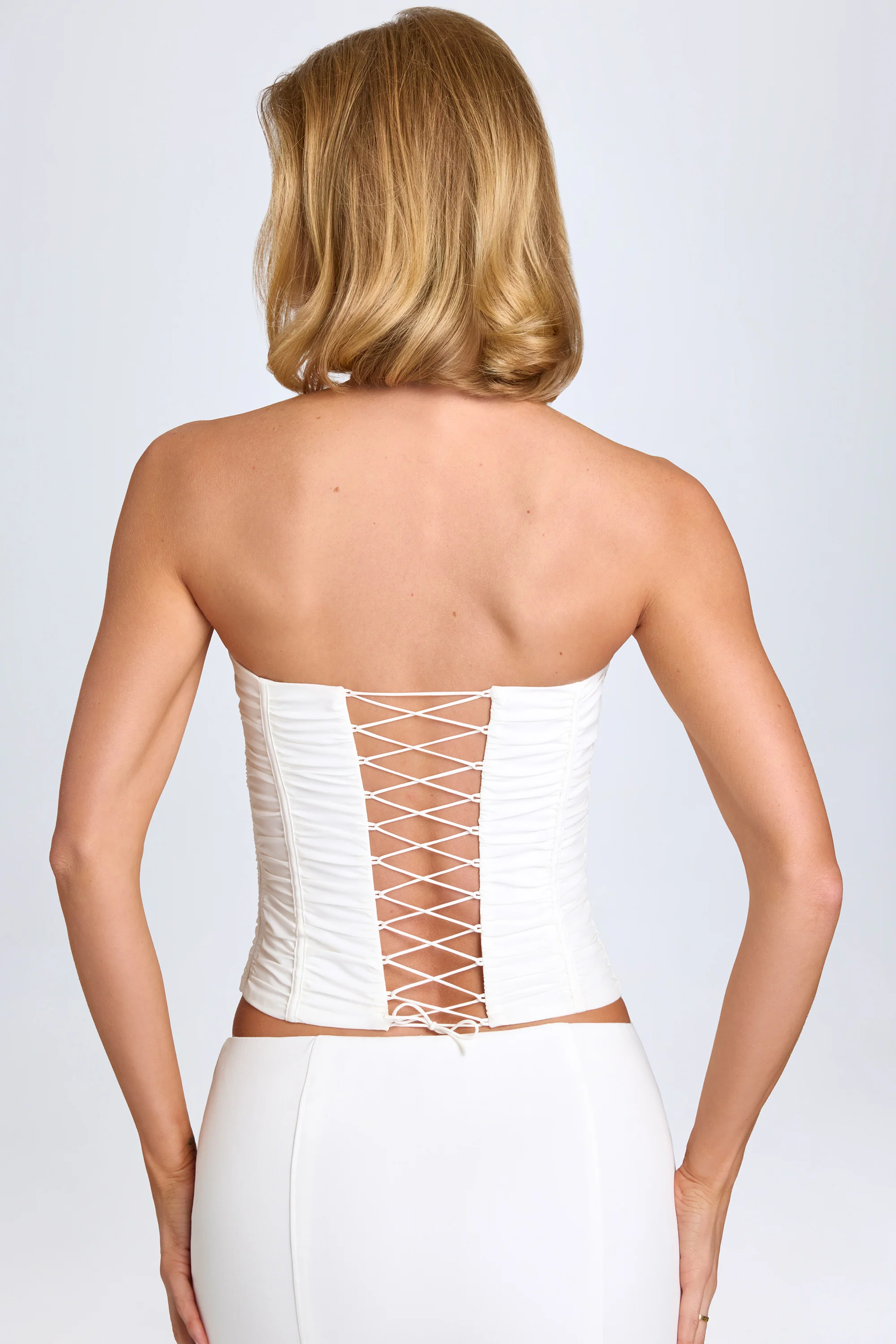Ruched Lace-Up Corset Top in White