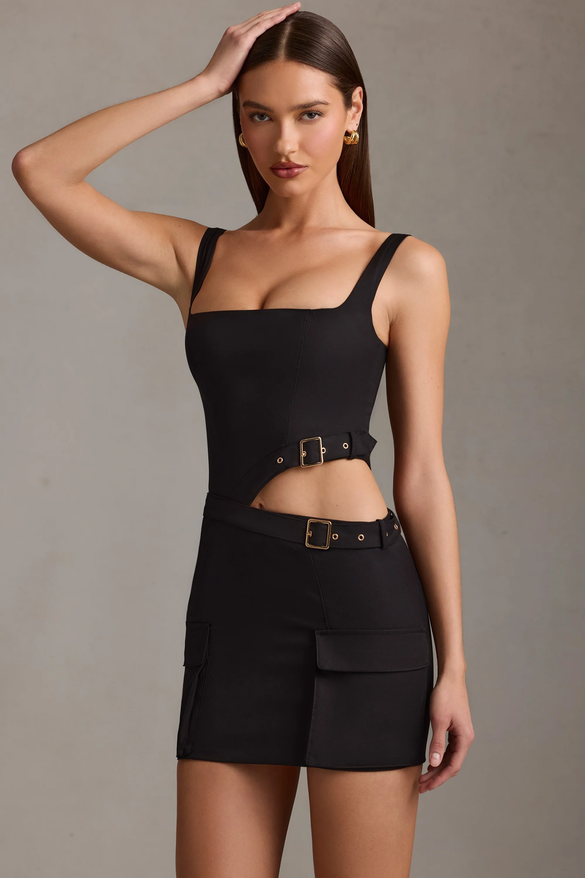 Belted Cut-Out Mini Dress in Black