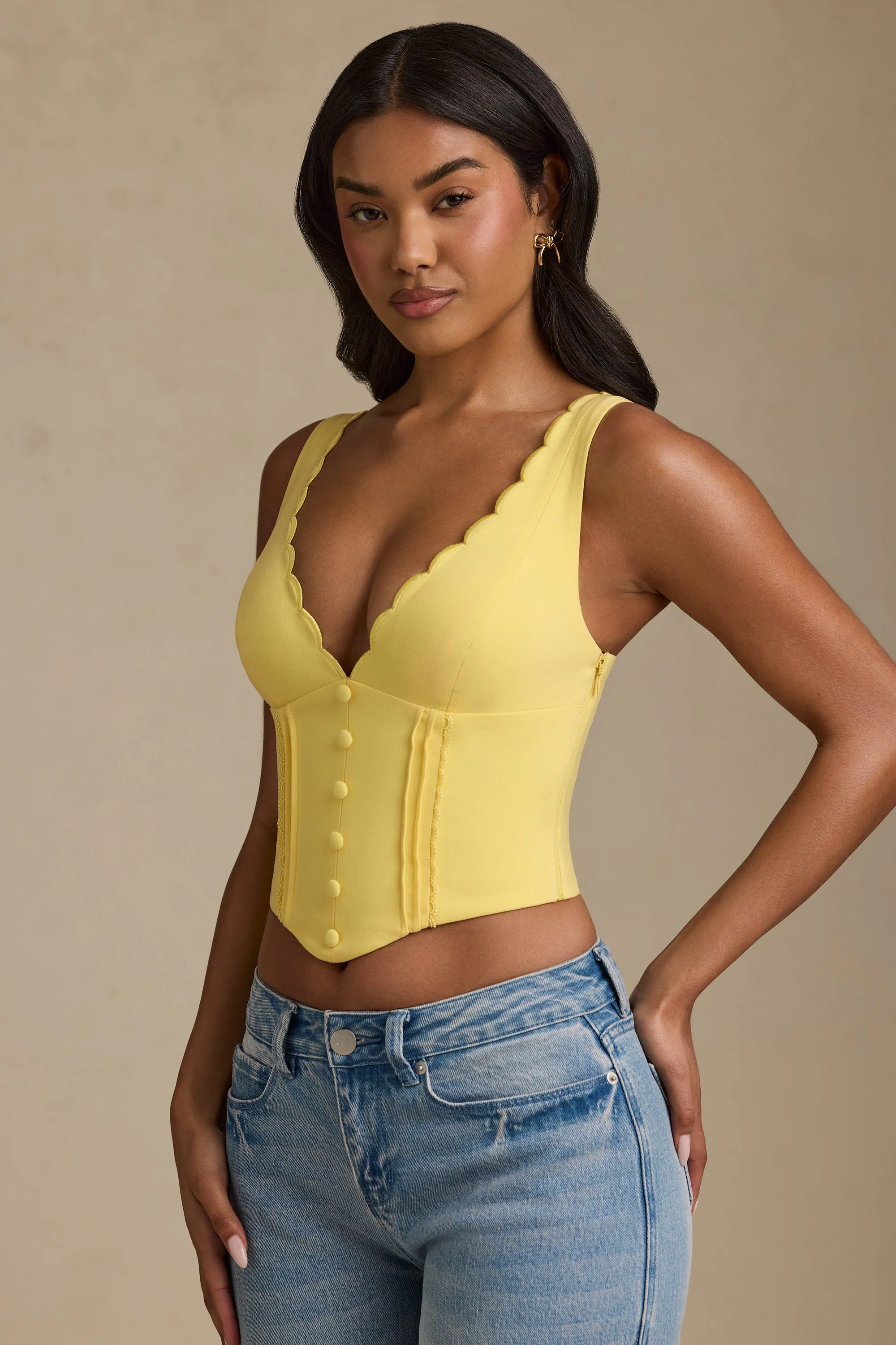 Plunge-Neck Scalloped Corset Top in Pastel Yellow