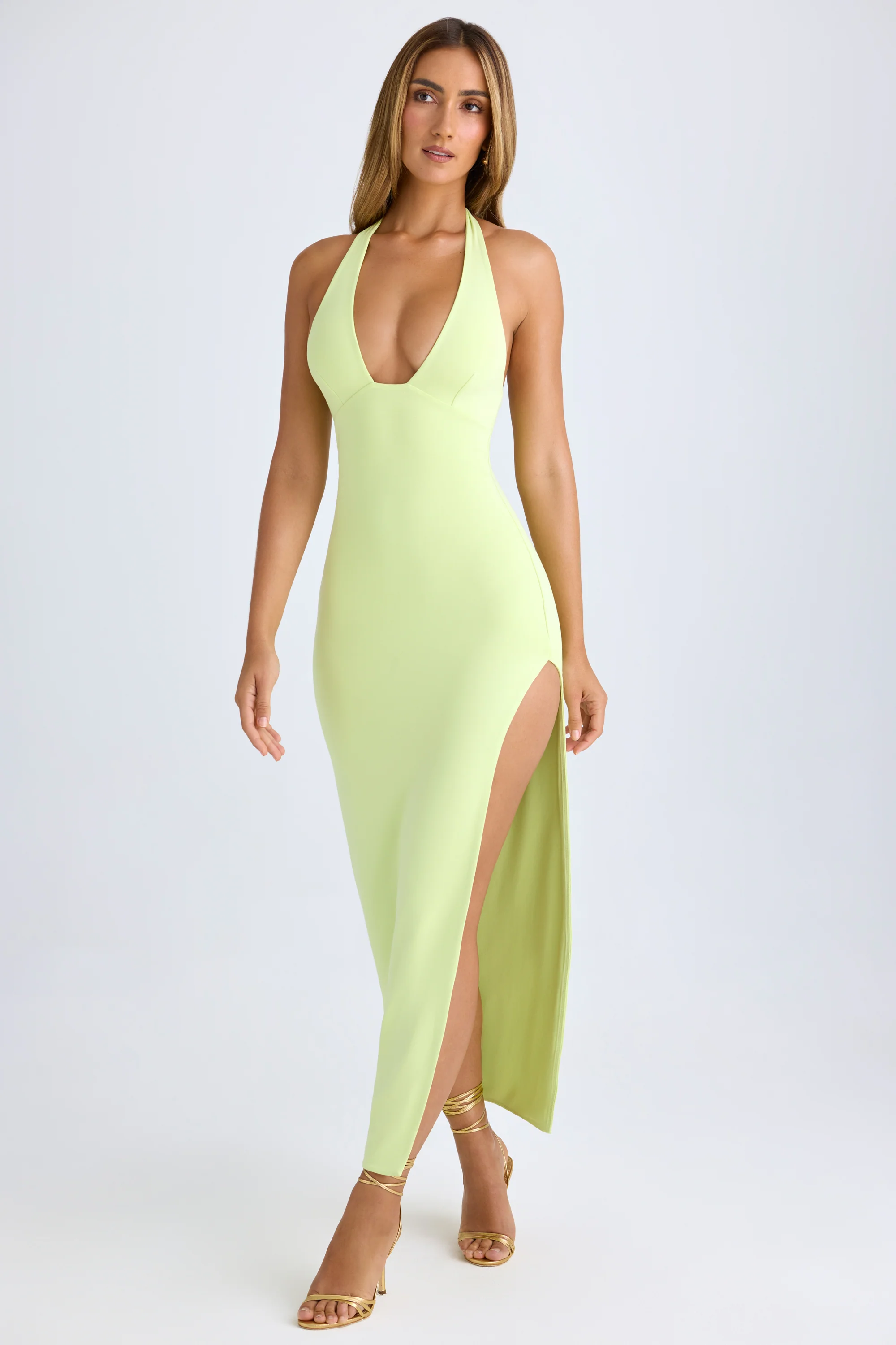 Modal High-Split Halterneck Maxi Dress in Matcha Green