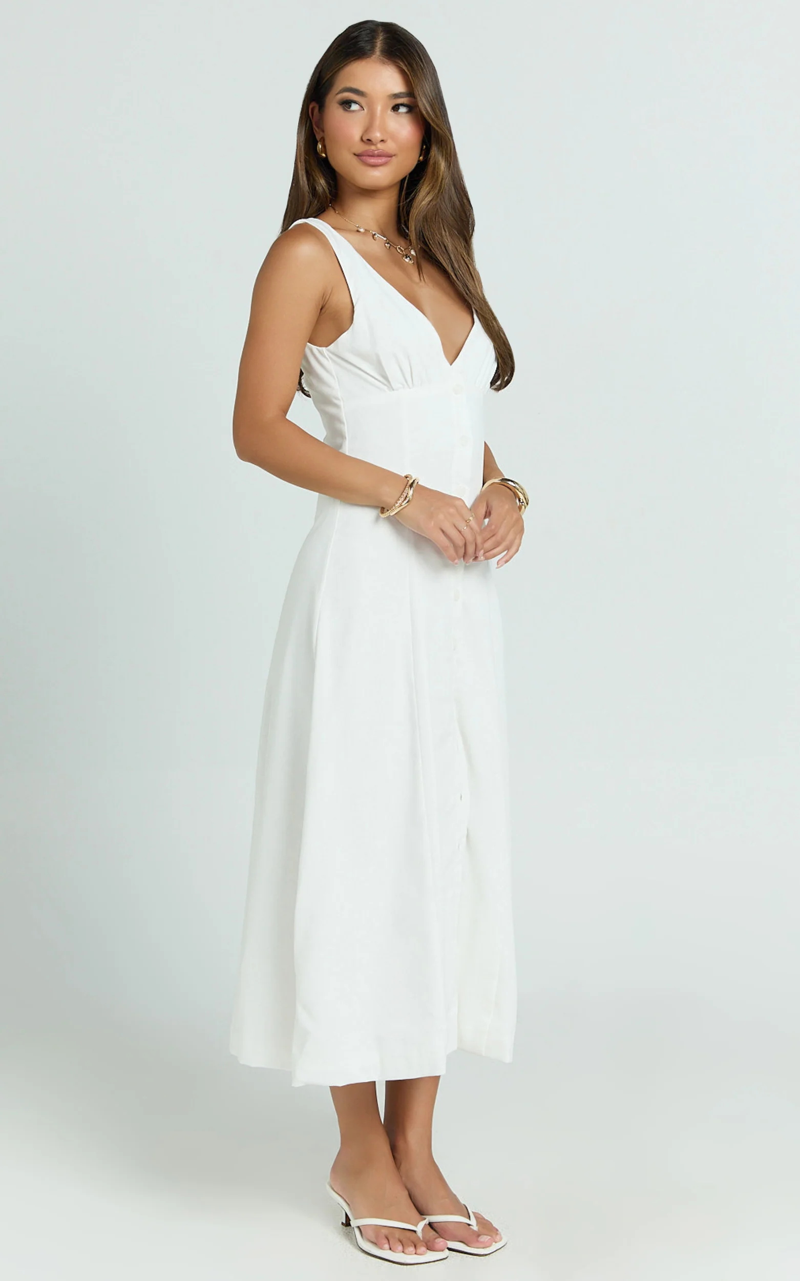Zula Midi Dress - V Neck Sleeveless Under Bust Seam Circular Skirt Dress in White