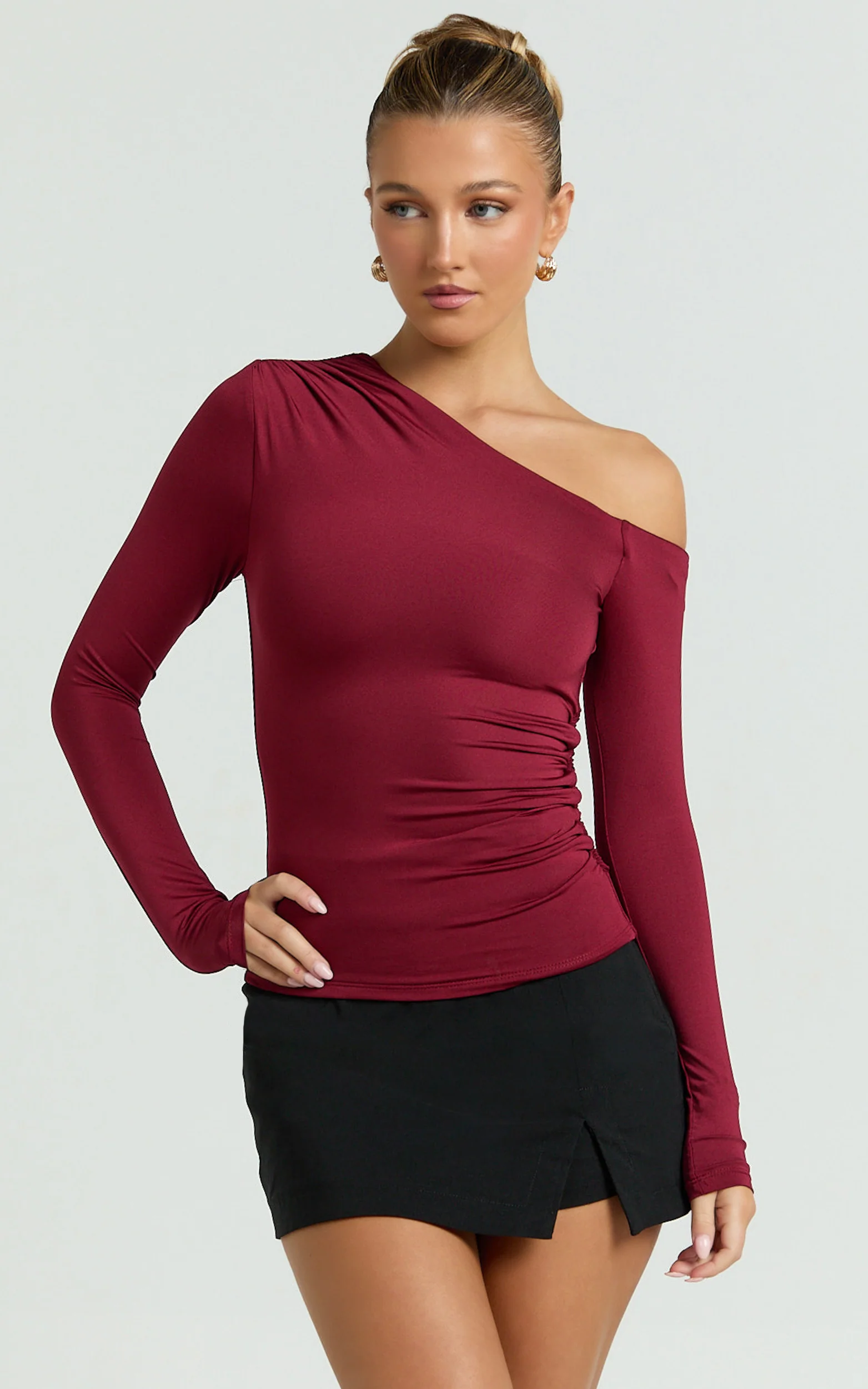 Clarence Top - Long Sleeve Off Shoulder Gathered Top in Burgundy