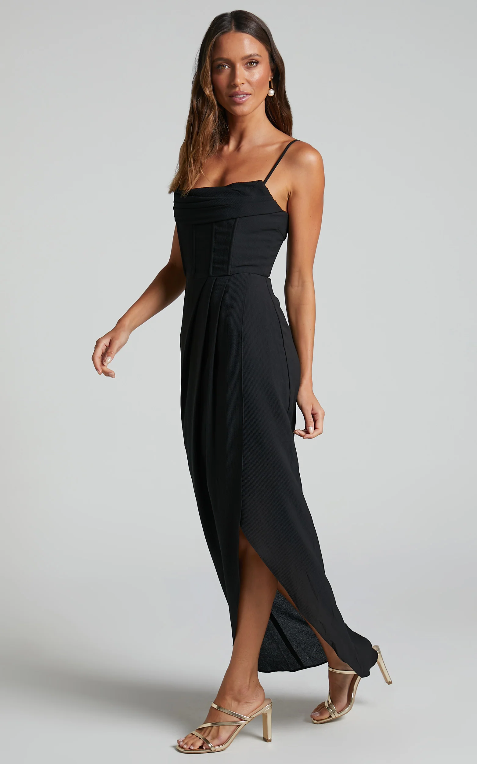 Andrina Midi Dress - High Low Wrap Corset Dress in Black