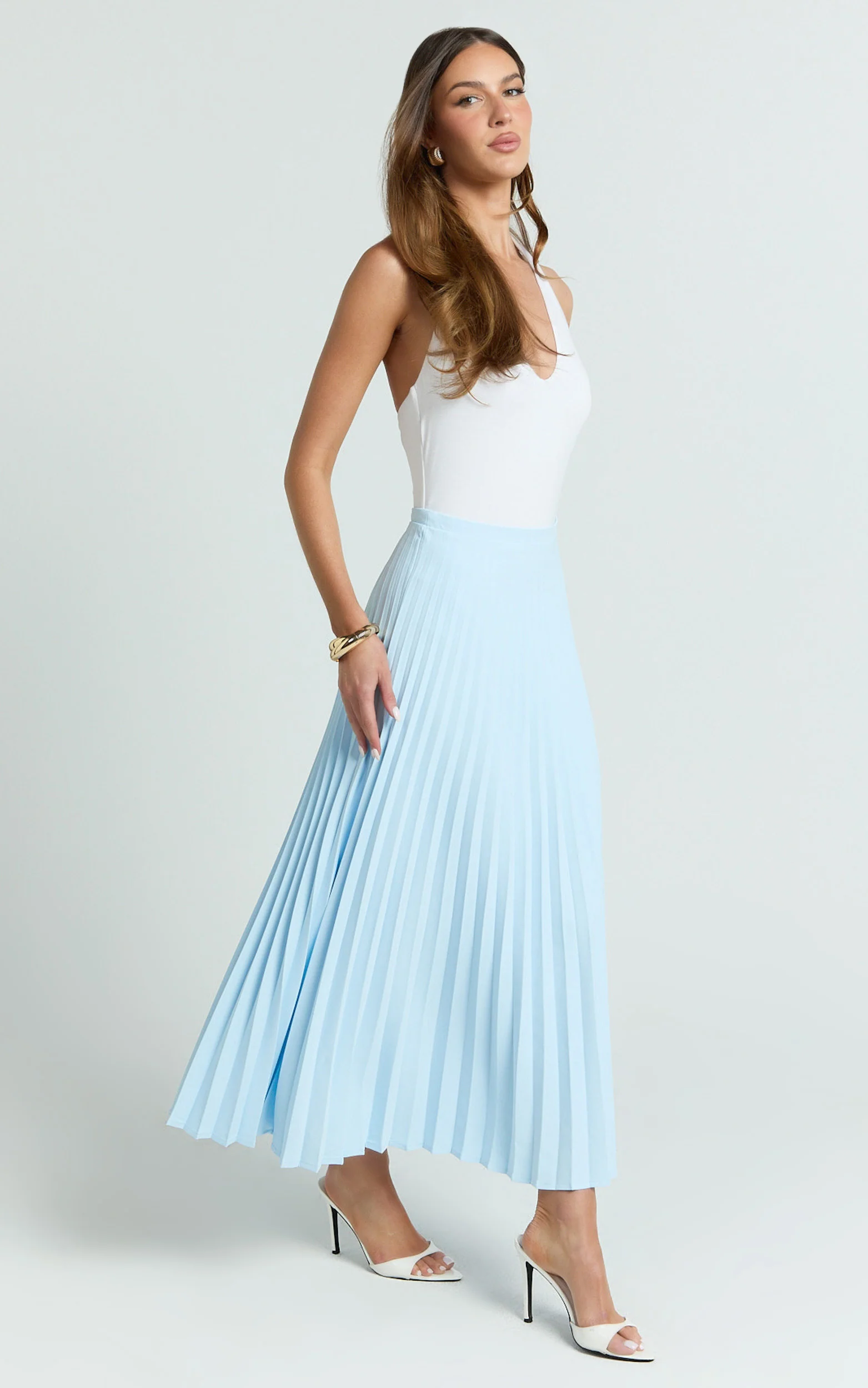 Harlee Midi Skirt - Pleated High Waist A Line Skirt in Pastel Blue