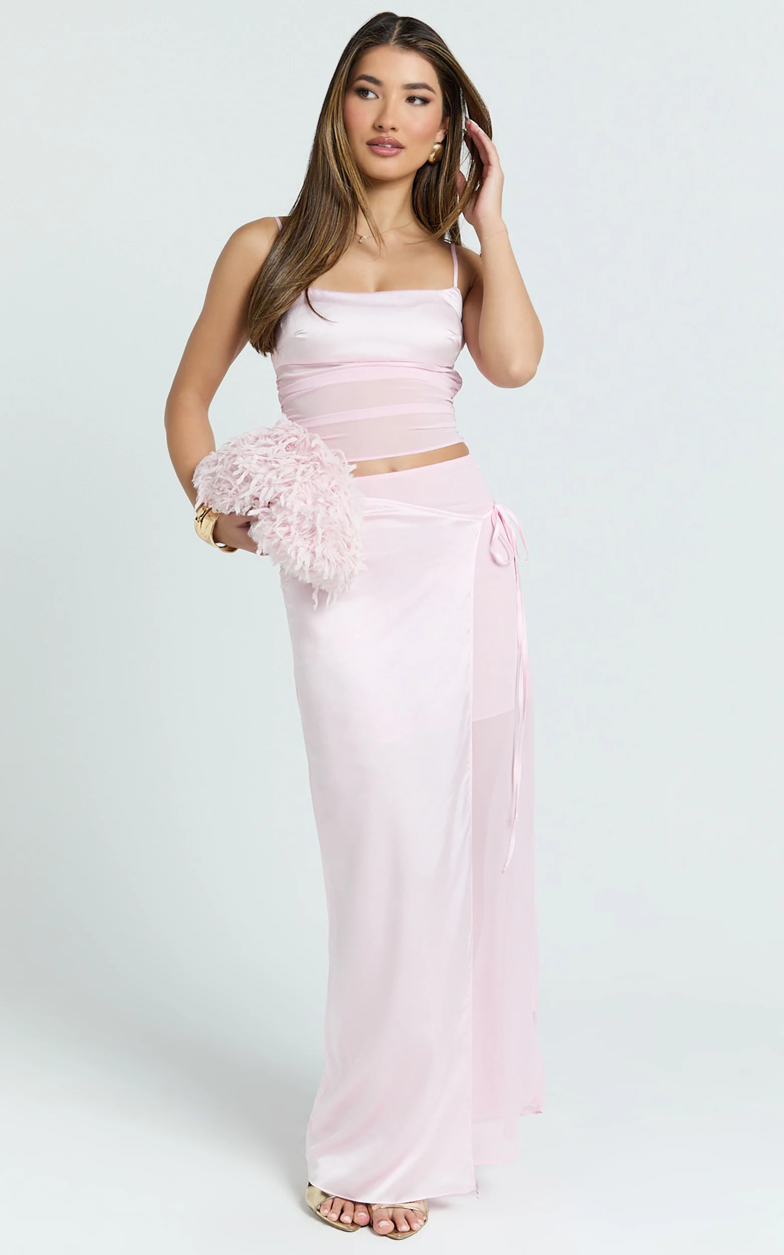 Jordyn Two Piece Top and Skirt Set - Square Neck Cami Top And Maxi Skirt Set in Pink