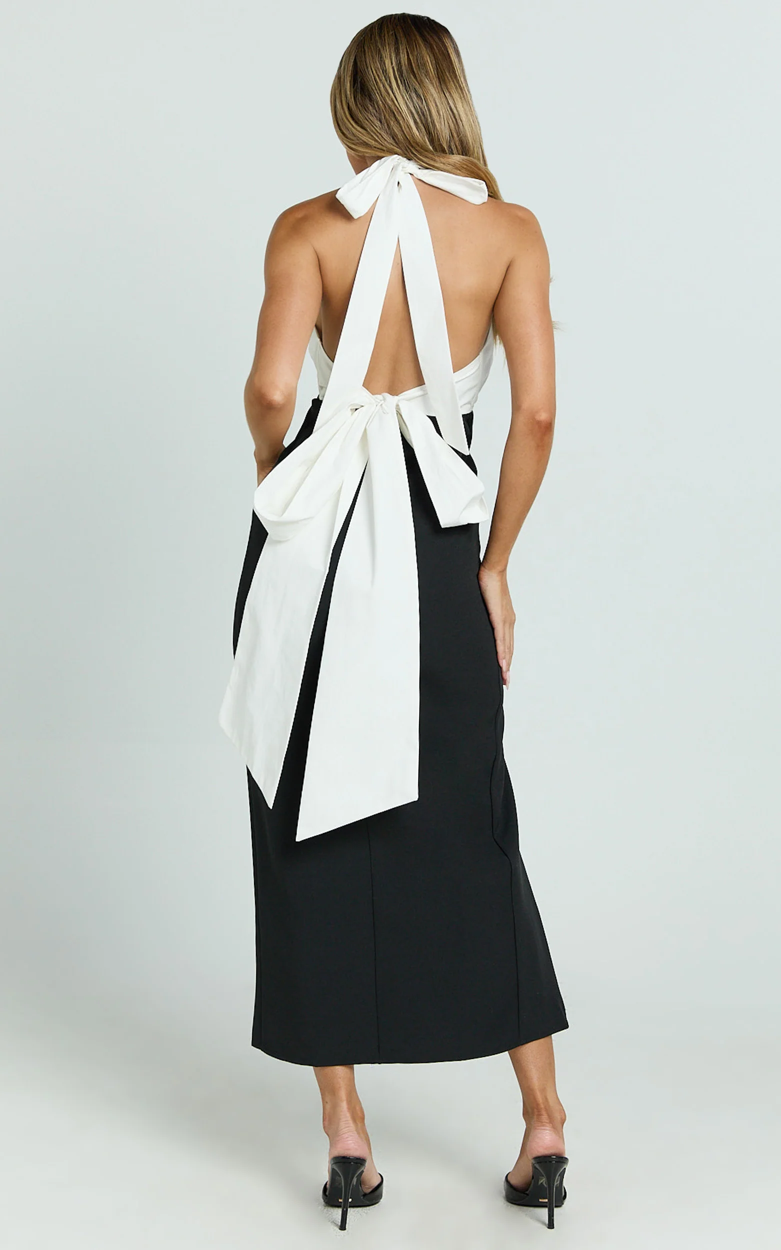 Kaitlin Midi Dress - Contrast Halter Plunge Tie Back Fitted Dress in Black