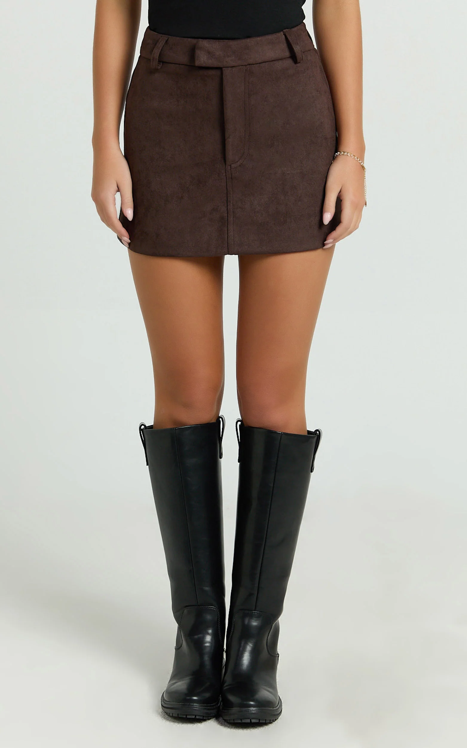 Priscilla Mini Skirt - Mid Waist Faux Suede Skirt in Dark Chocolate