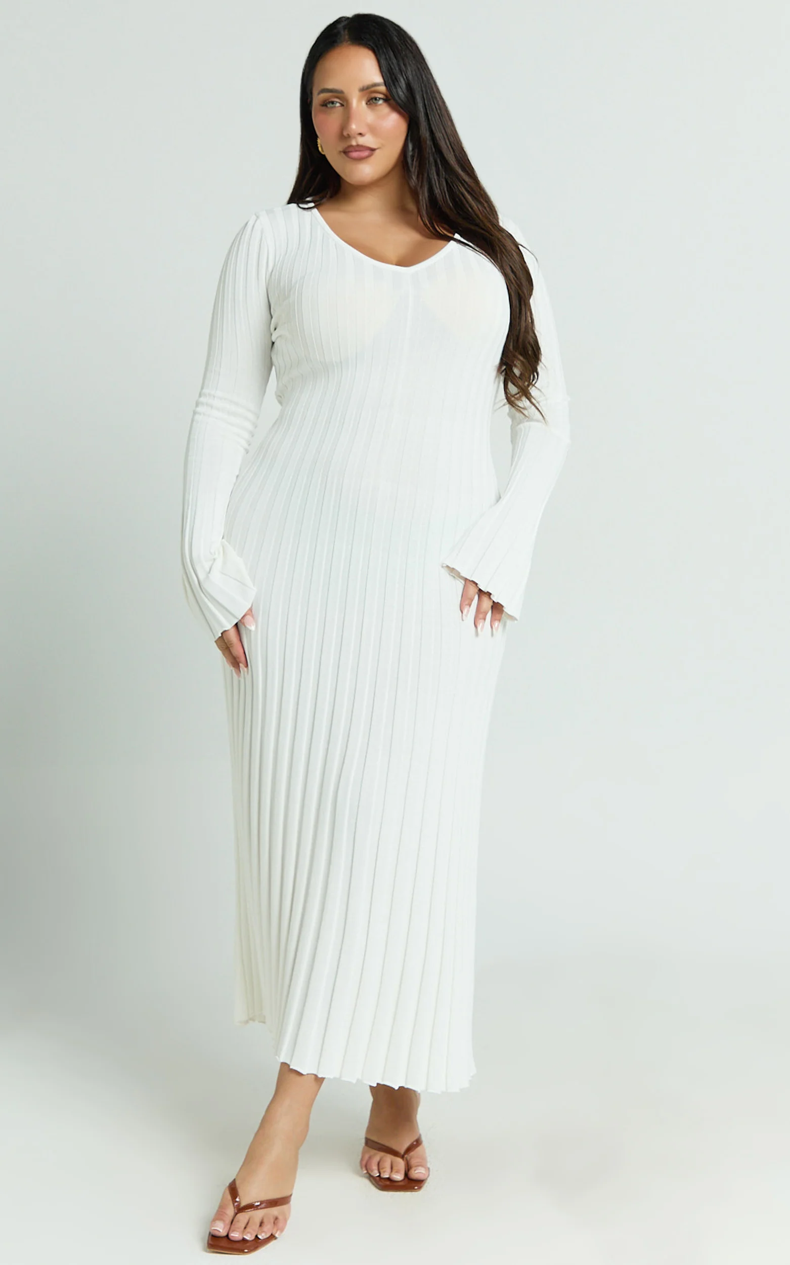Astra Maxi Dress - V Neck Long Sleeve Knit Dress in White