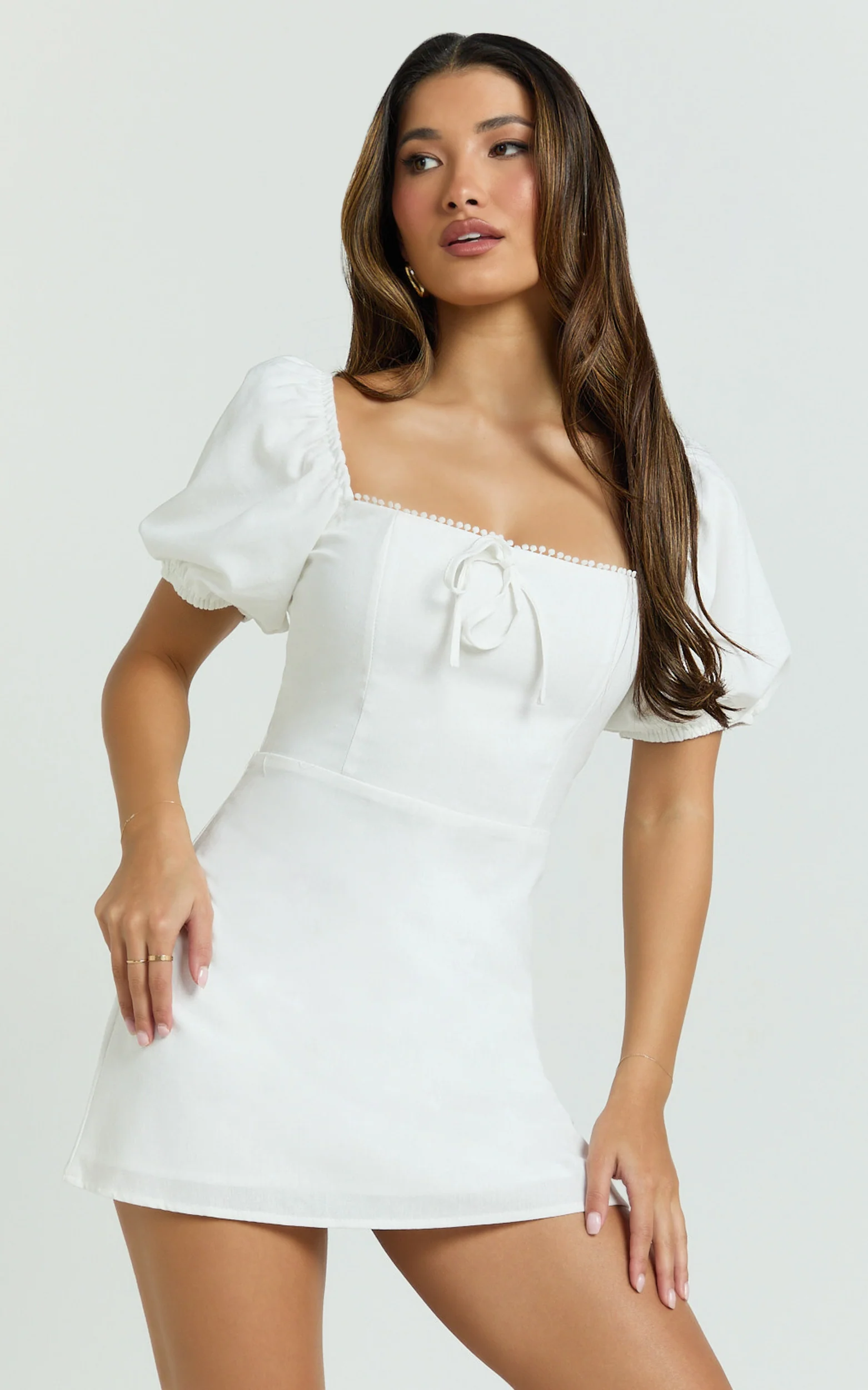 Jules Mini Dress - Puff Sleeve Square Neck Fit And Flare Dress in White