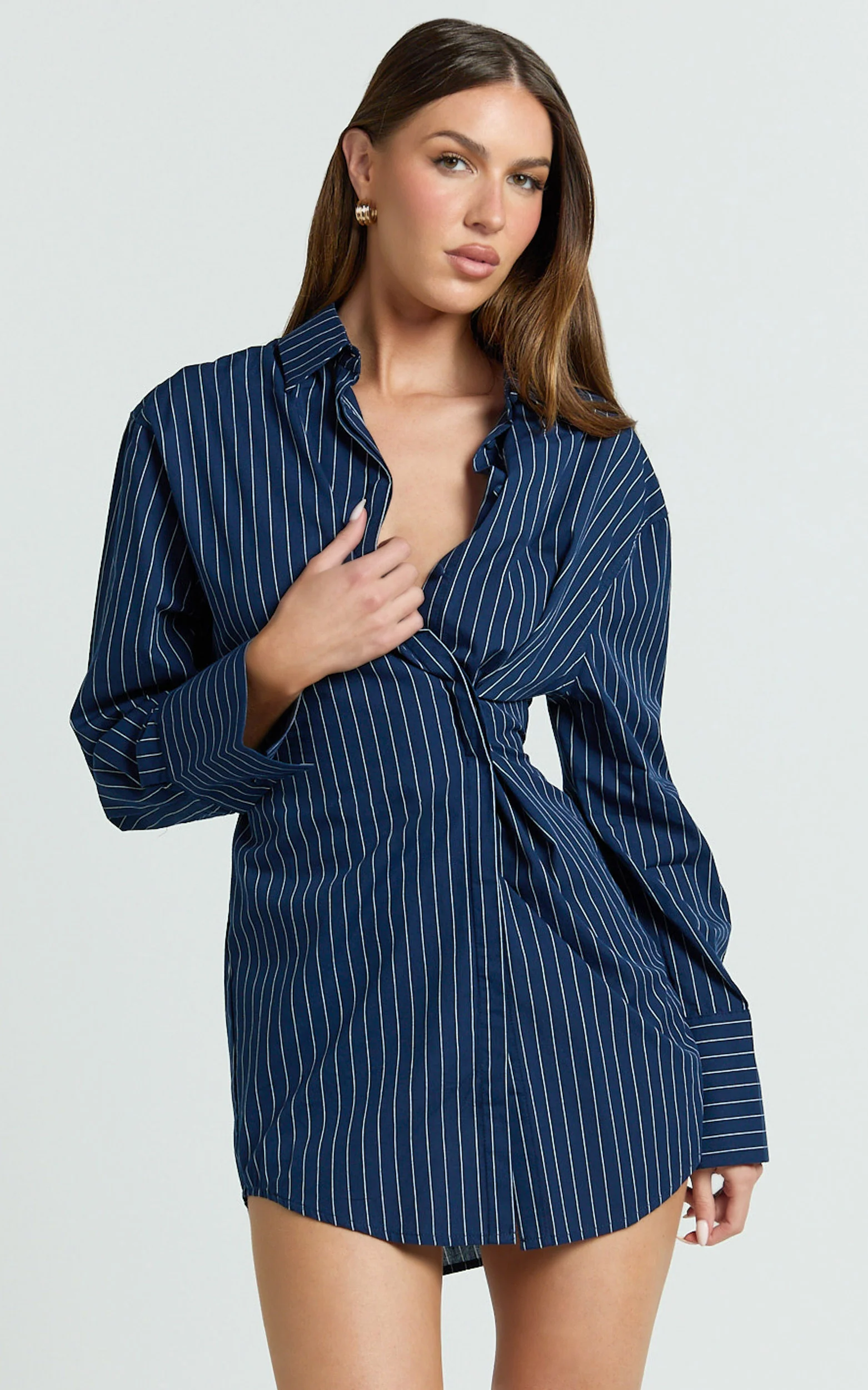Sanya Mini Dress - Cinched Waist Stripe Dress in Navy Pinstripe