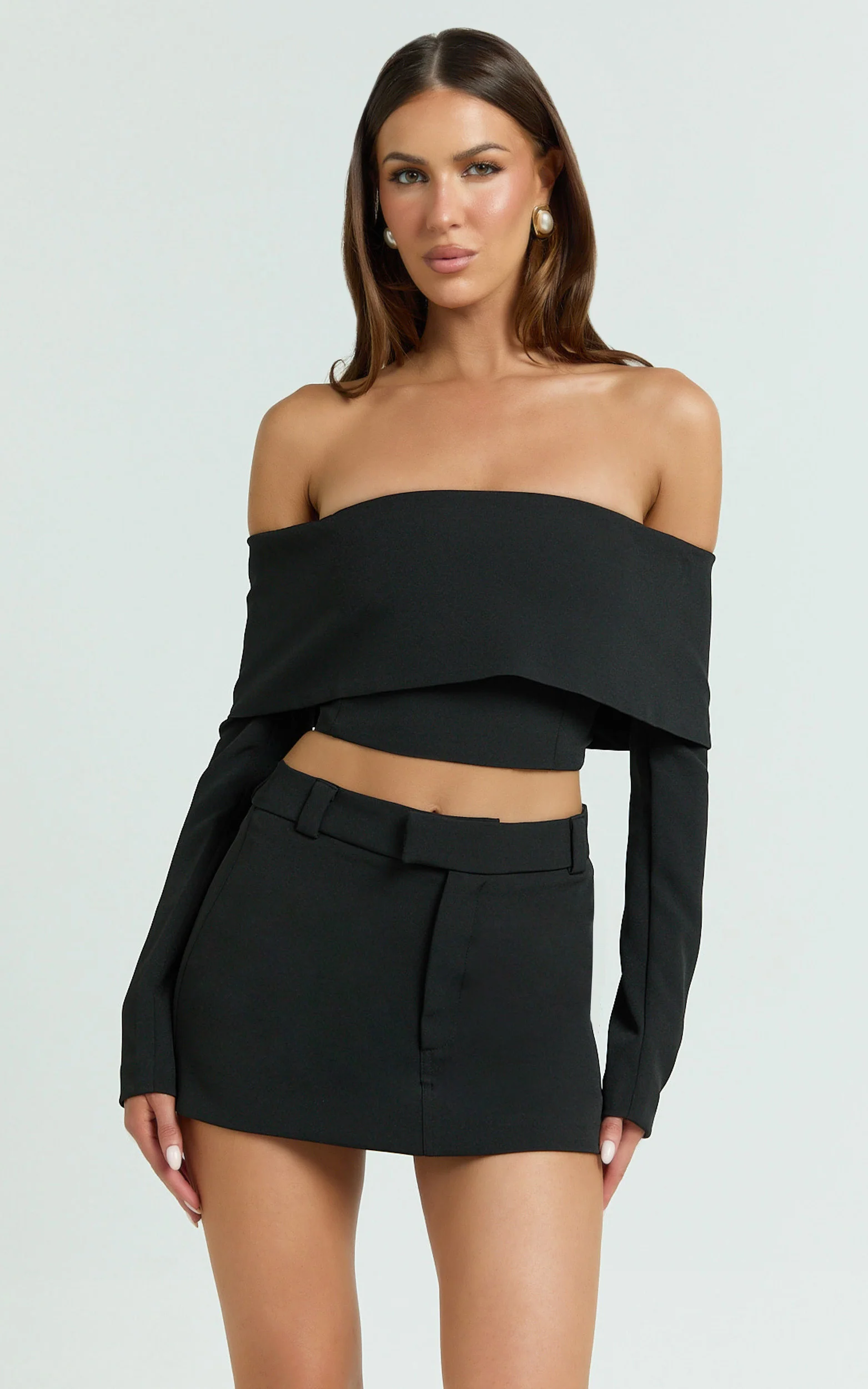 Ursula Top - Long Sleeve Off Shoulder Cropped Top in Black