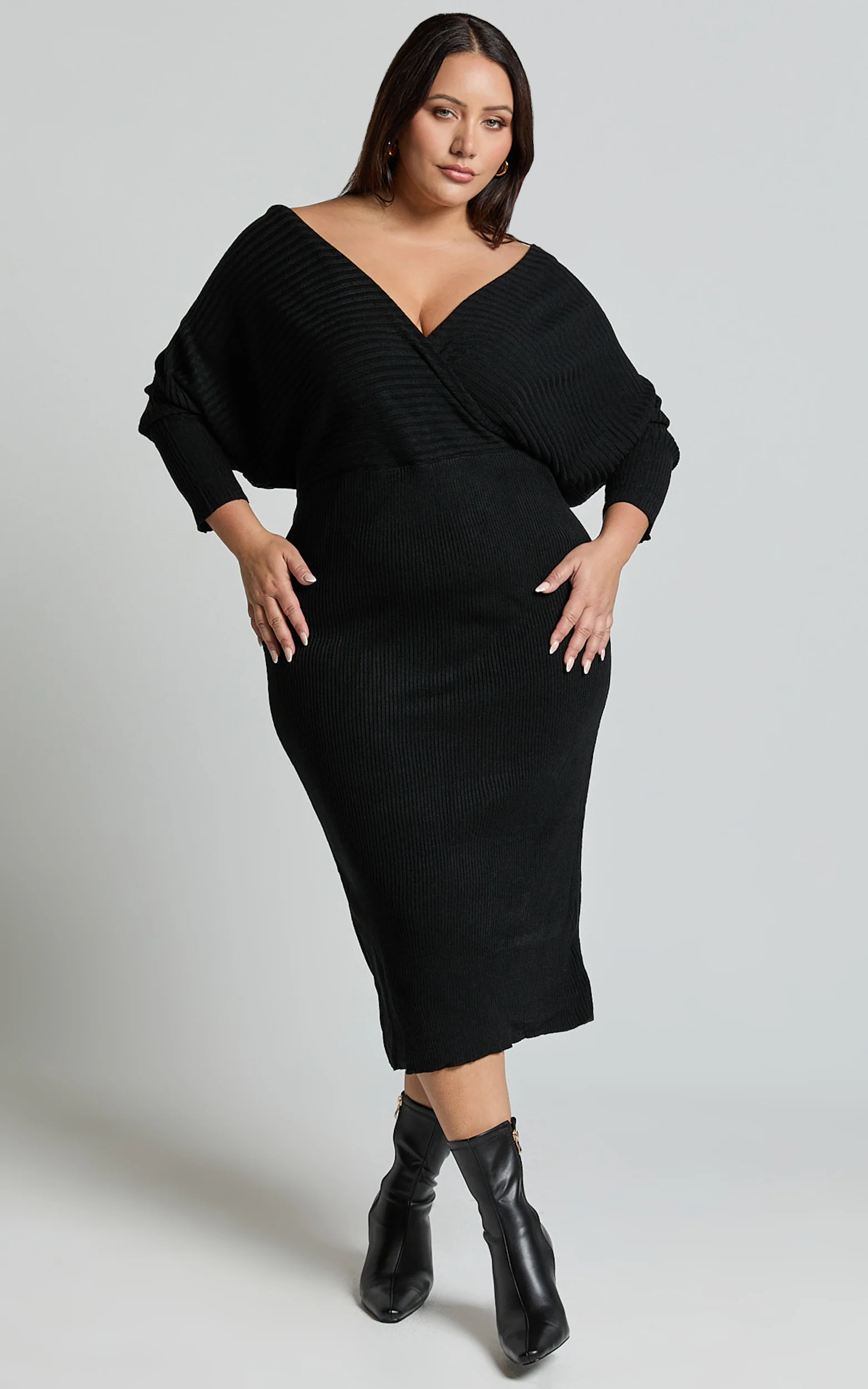 Sheika Midi Dress - Long Sleeve Off Shoulder Knit Dress in Black