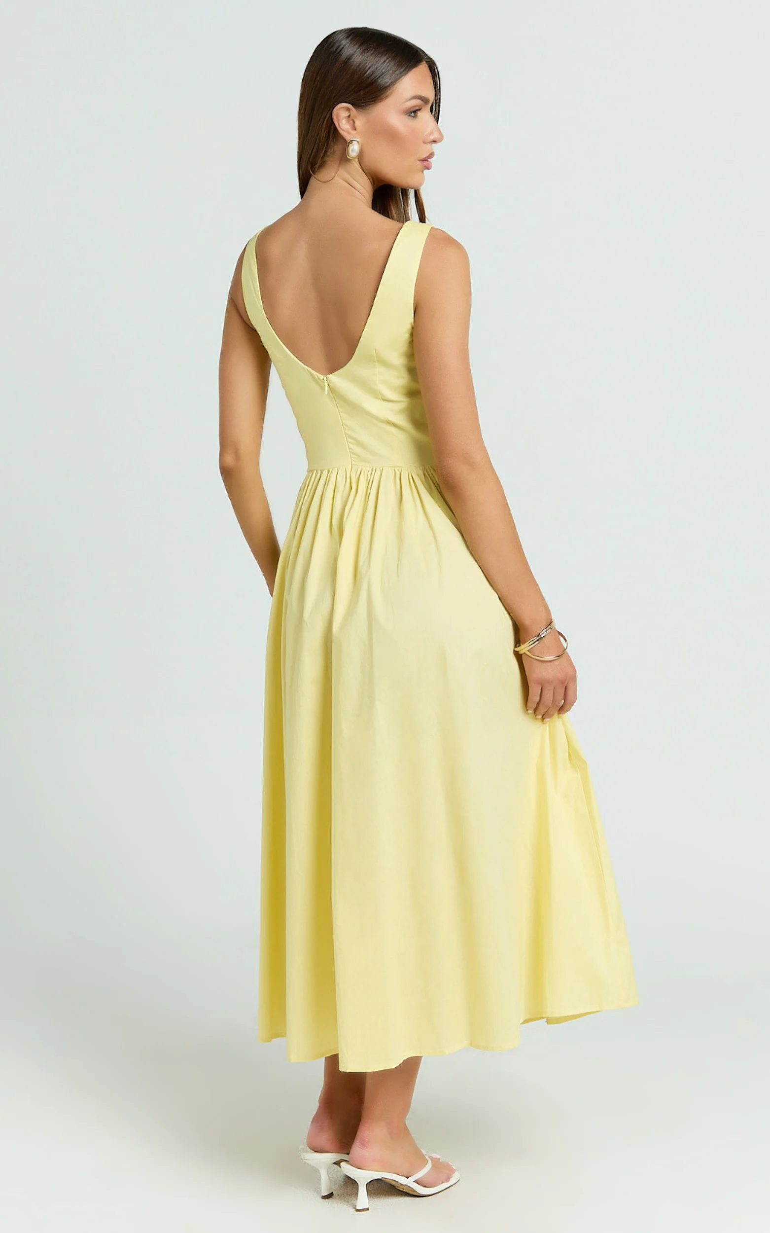 Beckett Midi Dress - Scoop Neck Drop V Waist Gathered Skirt Dress in Butter Yellow