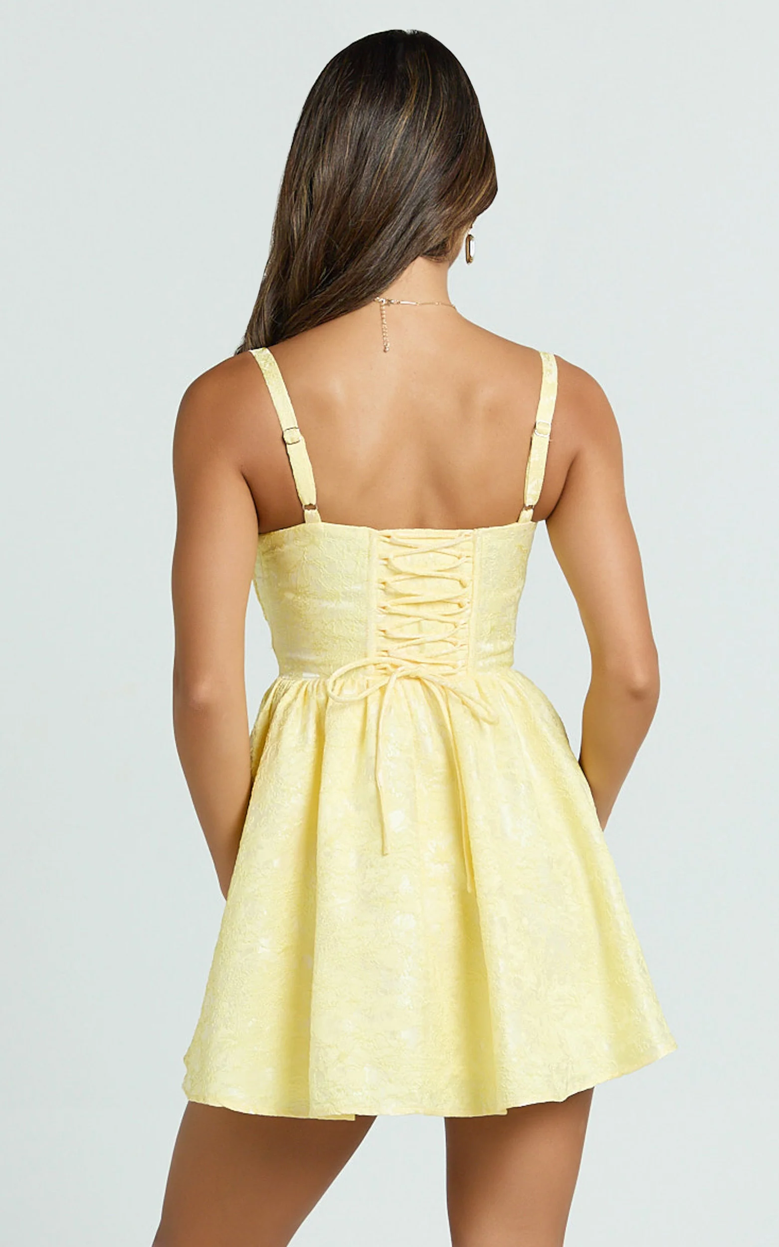 Eden Mini Dress - Jacquard Sweetheart Neck Lace Up Fit And Flare Dress in Yellow
