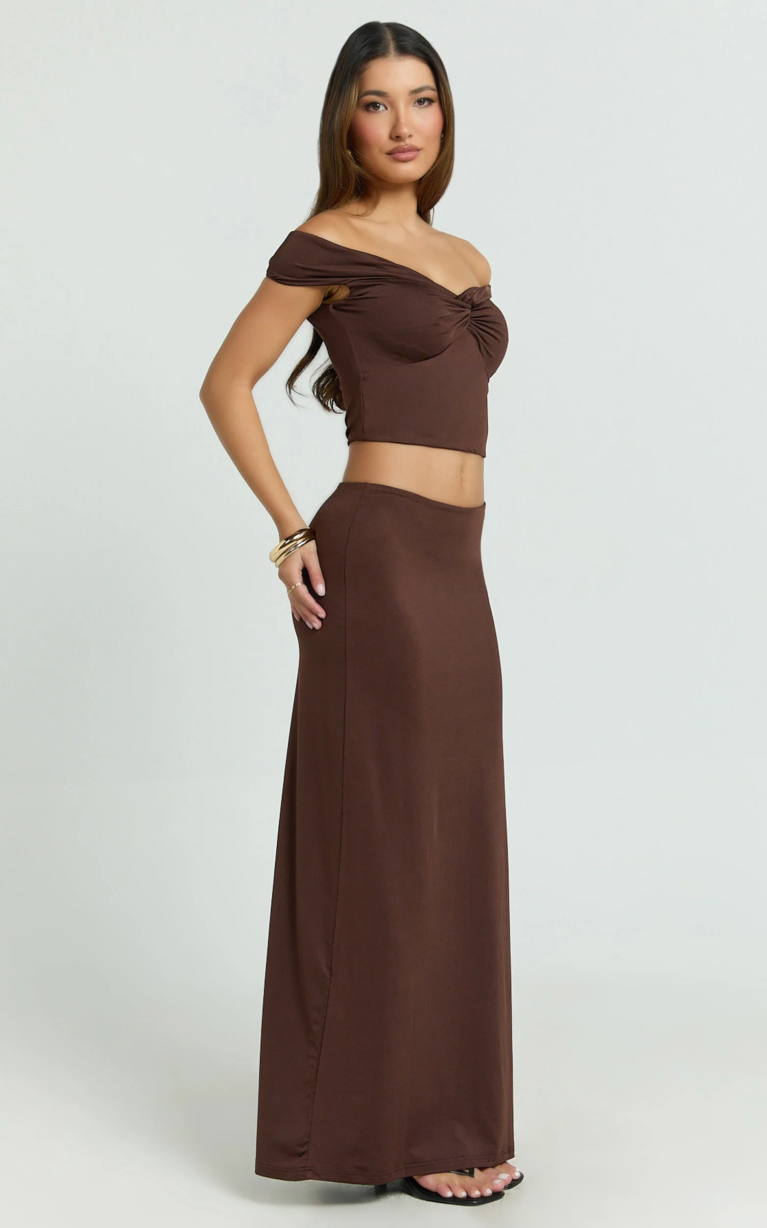 Chaney Top and Skirt Set - Twist Front Off Shoulder Top and Gathered Maxi Skirt Set in Chocolate