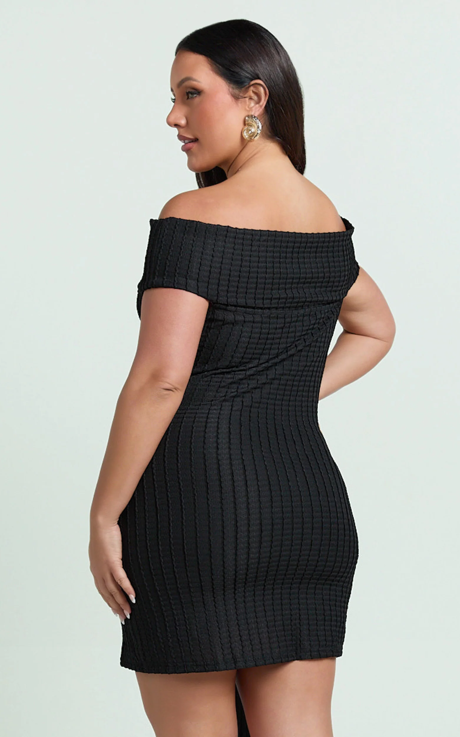 Svetlana Mini Dress - Textured Jersey Off Shoulder Draped Dress in Black