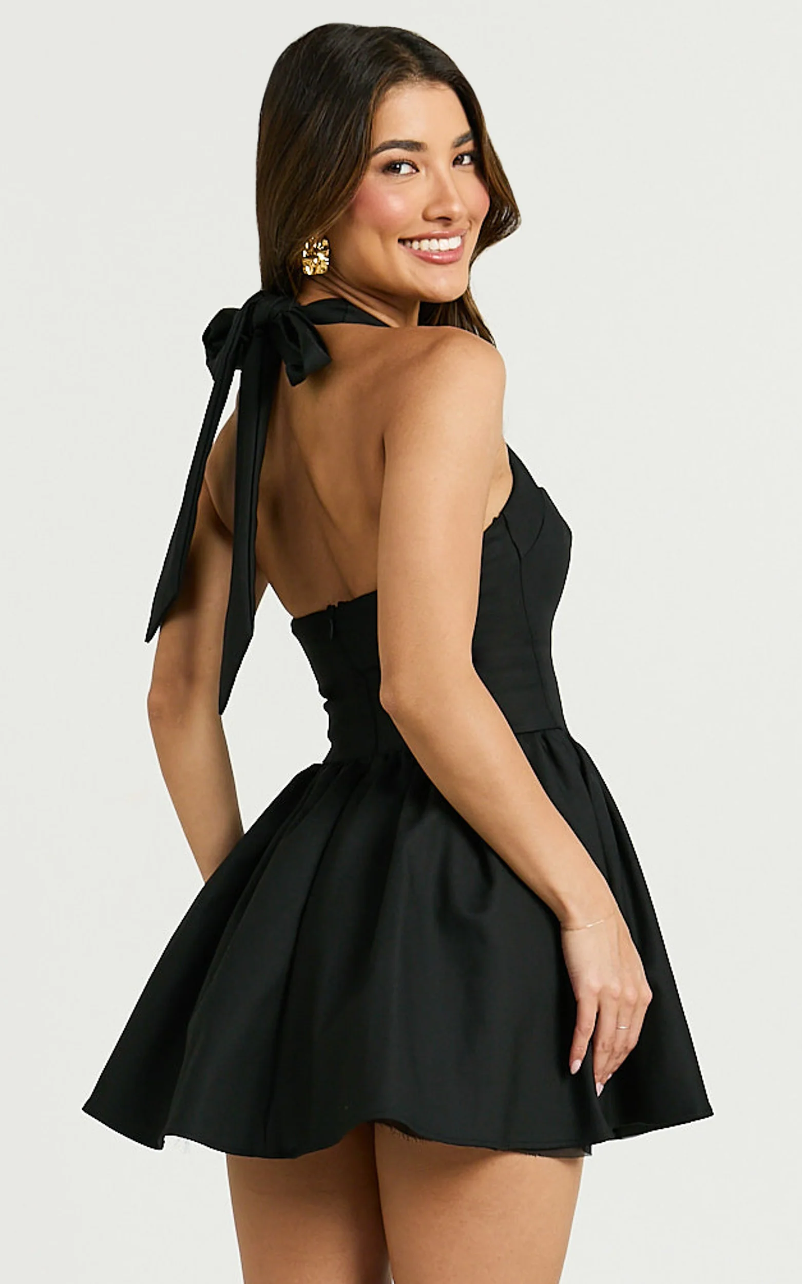 Helda Mini Dress - Halter Tie Neck Corset Panel Dress in Black