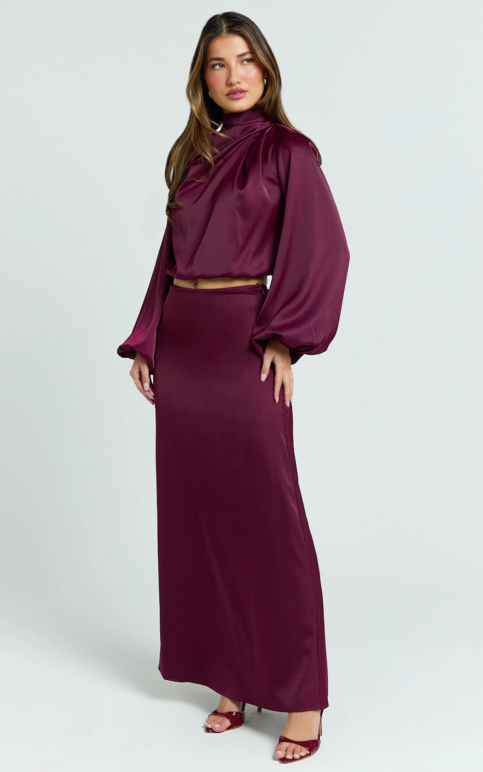Tessie Two Piece Set - Long Sleeve Hight Neck Top and Maxi Skirt Set in Wine