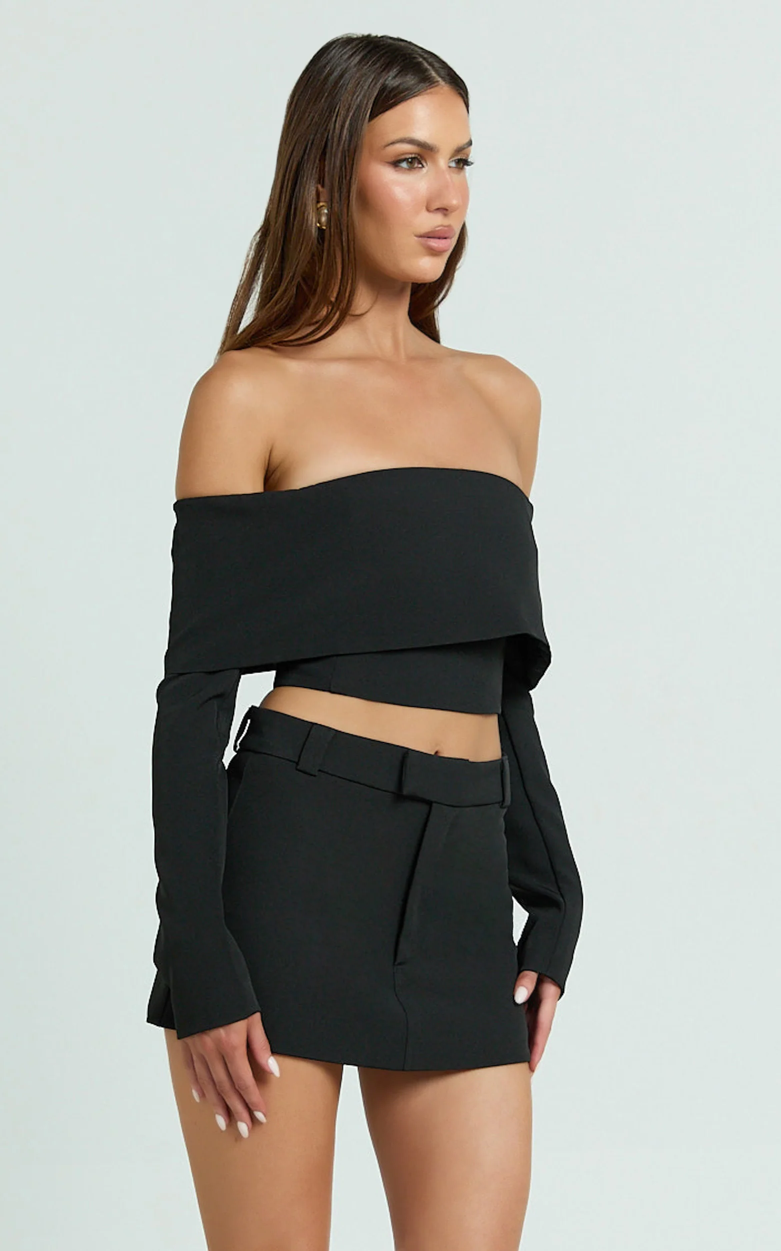 Ursula Top - Long Sleeve Off Shoulder Cropped Top in Black