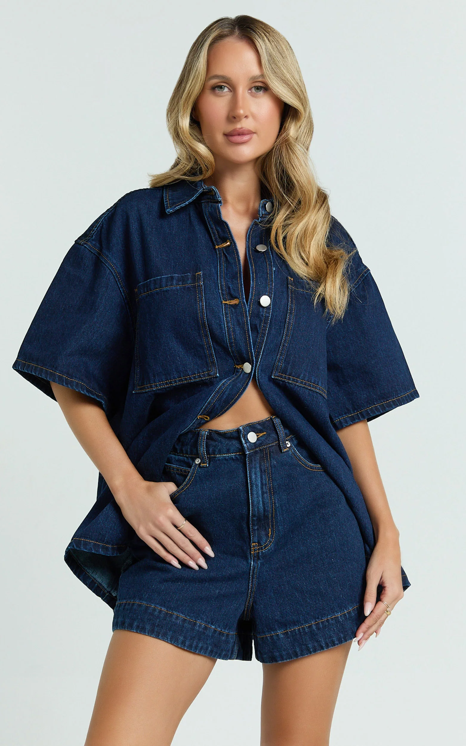 Rhianna Top - Oversized Recycled Denim Hardware Detail Short Sleeve Shirt in Indigo Wash