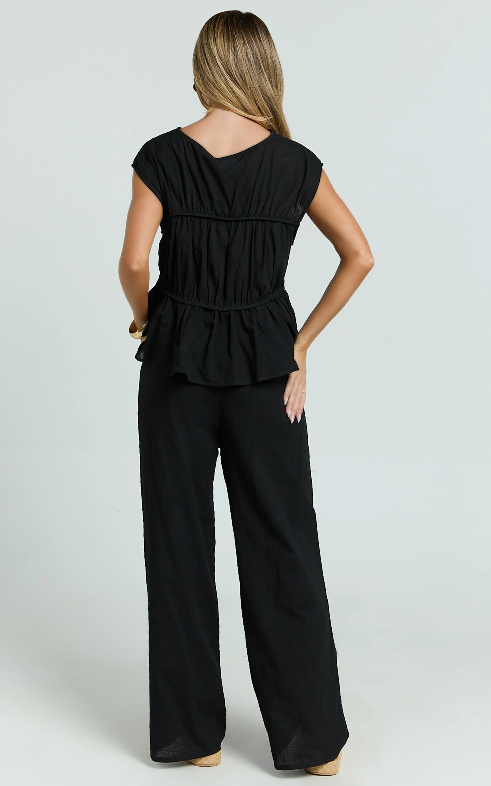 Auric Two Piece Set - Ruched Detail Top and Wide Leg Pants Set in Black