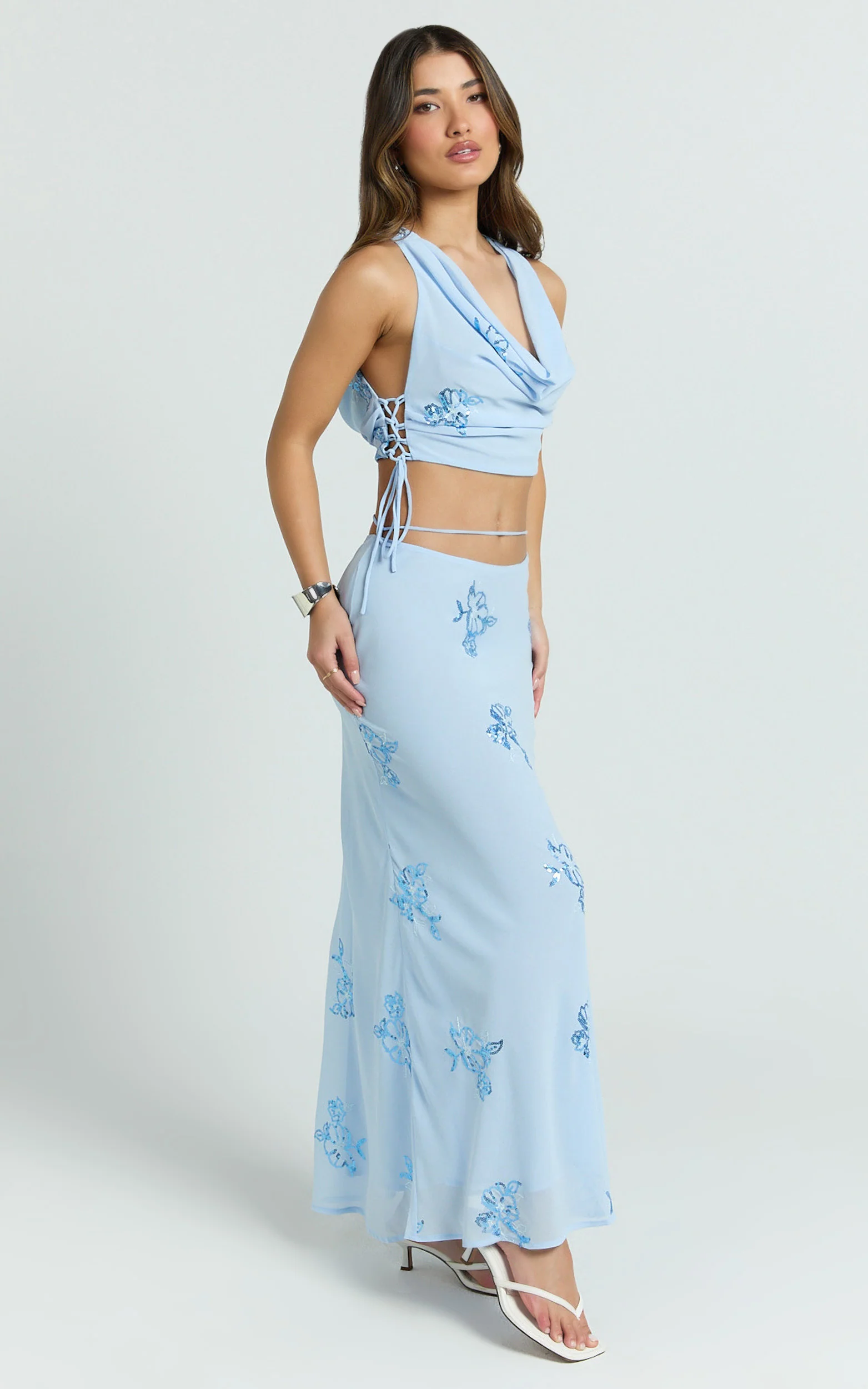 Aurora Two Piece Top and Skirt Set - Floral Sequin Cowl Neck Top And Maxi Skirt in Baby Blue