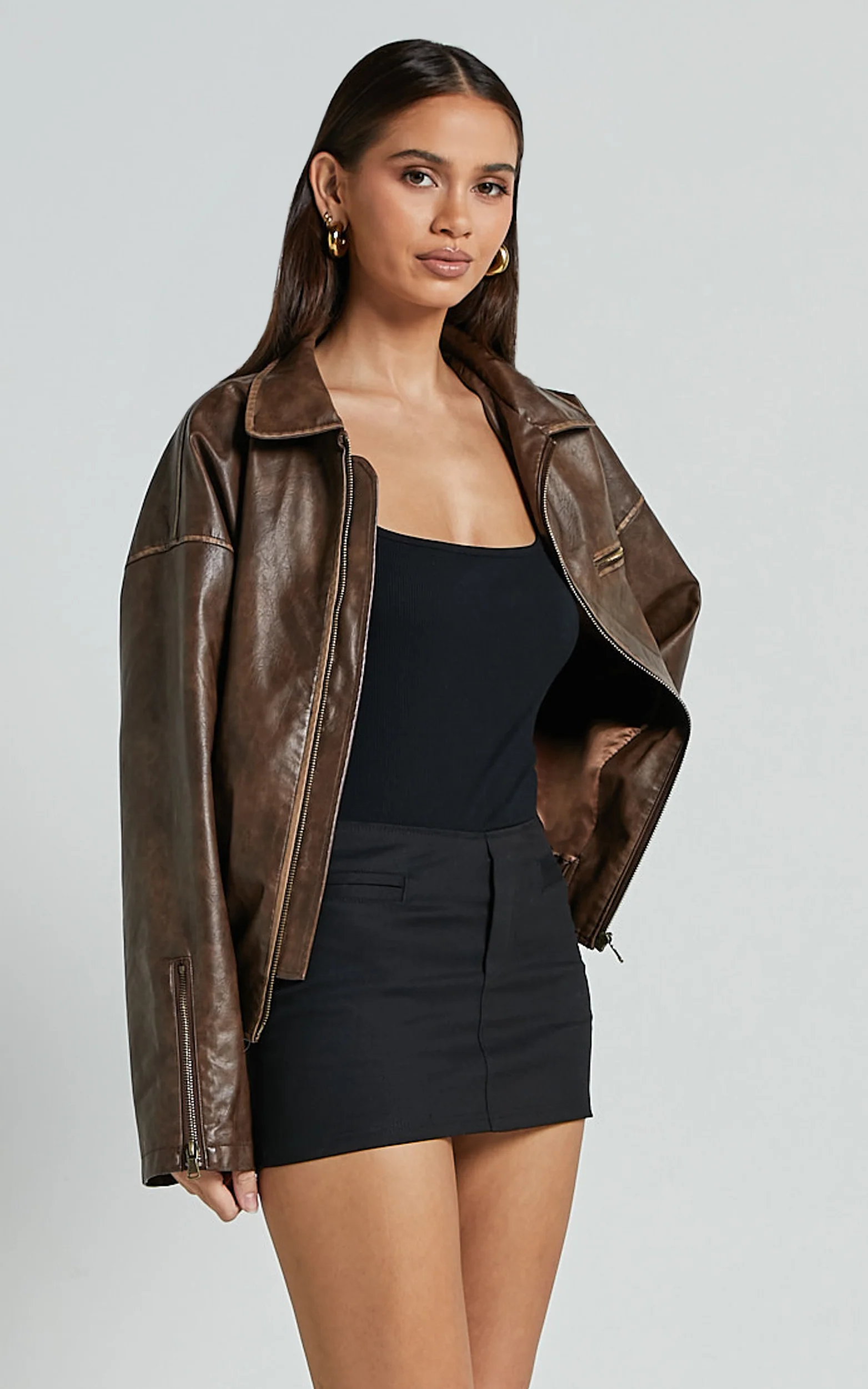 Sophia Jacket - Crop PU Bomber Jacket in Brown