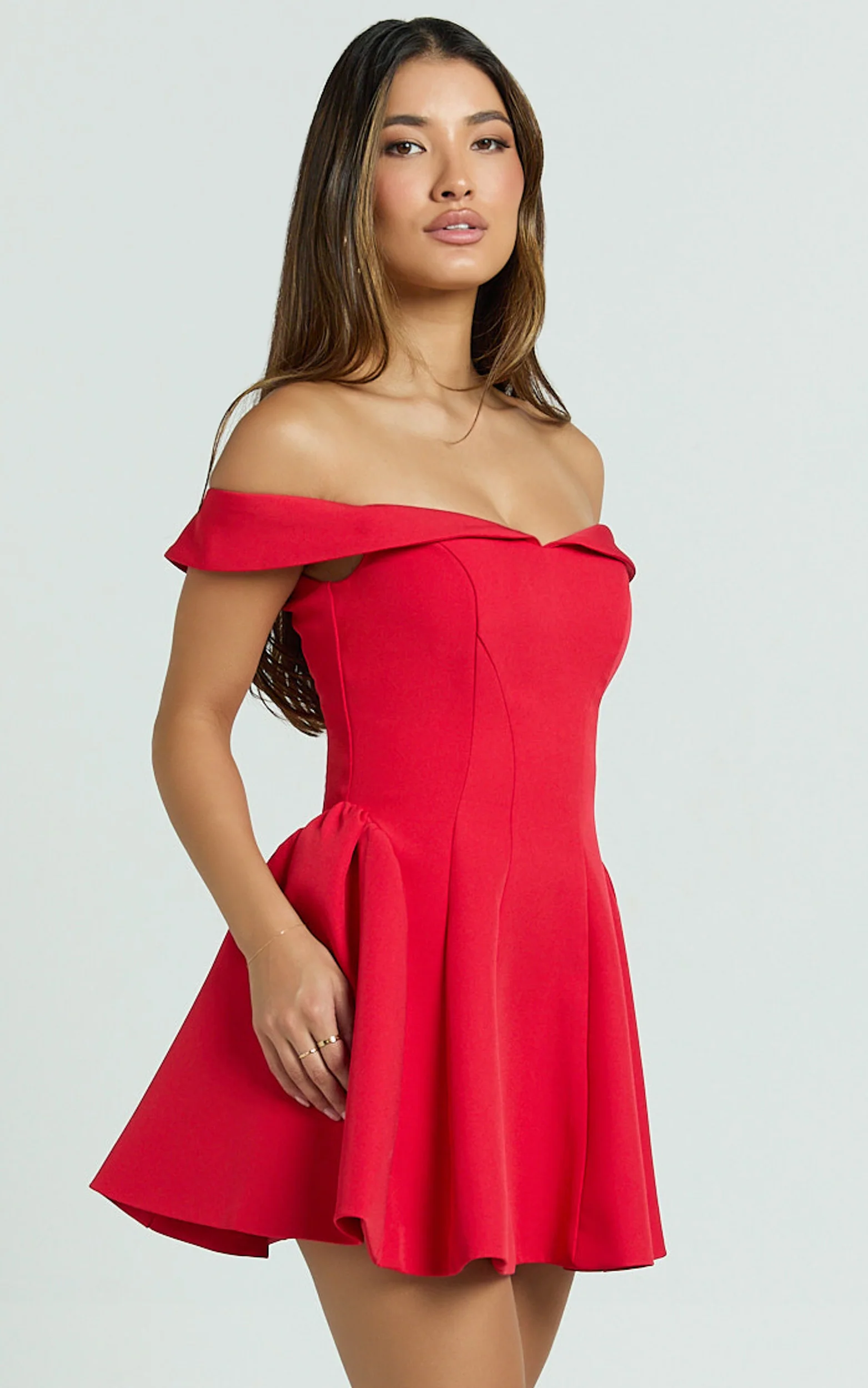 Rosabel Mini Dress - Off Shoulder Fit And Flare Dress in Red