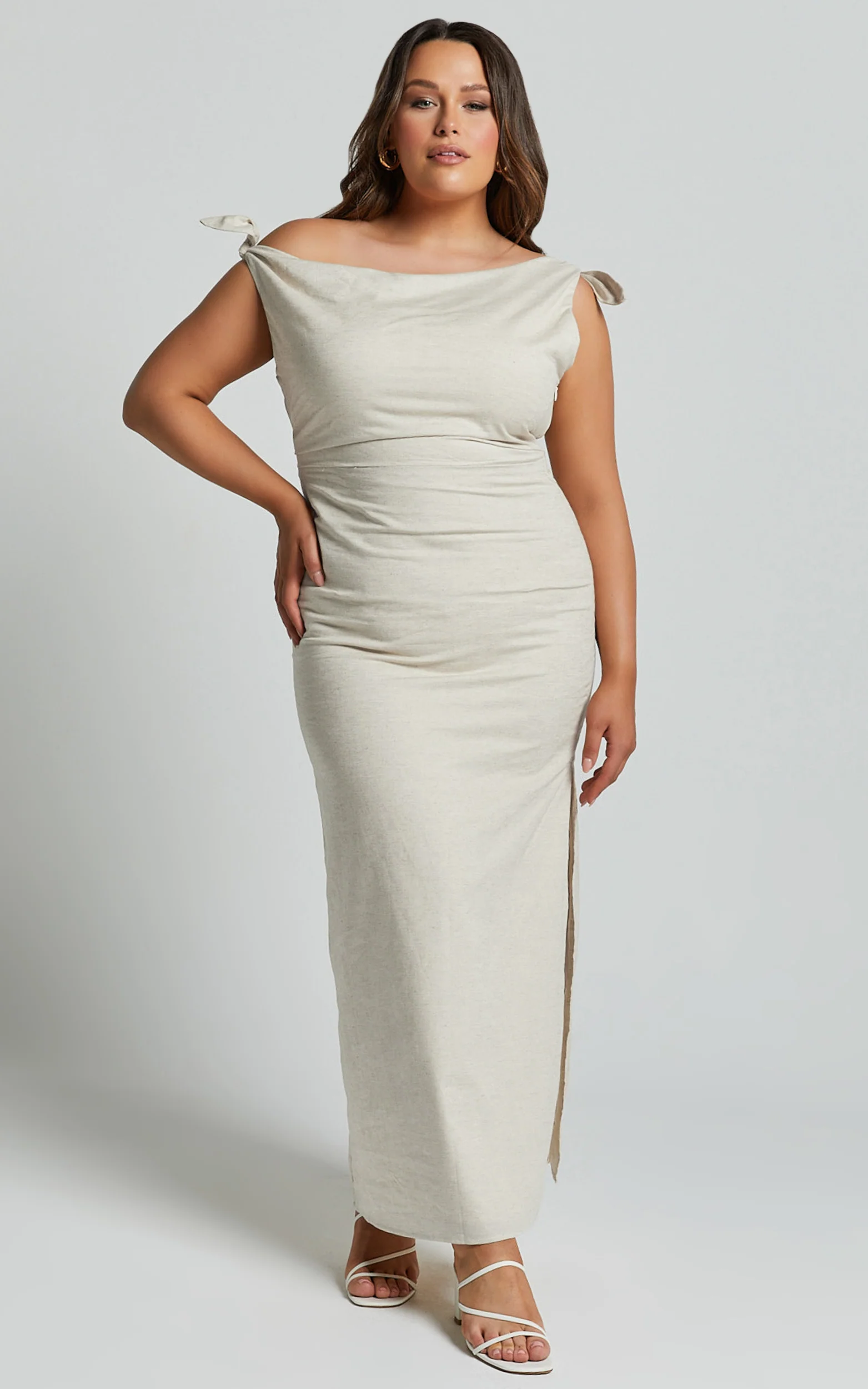 Cincinnati Midi Dress - Off The Shoulder Side Split Column Linen Dress in Beige