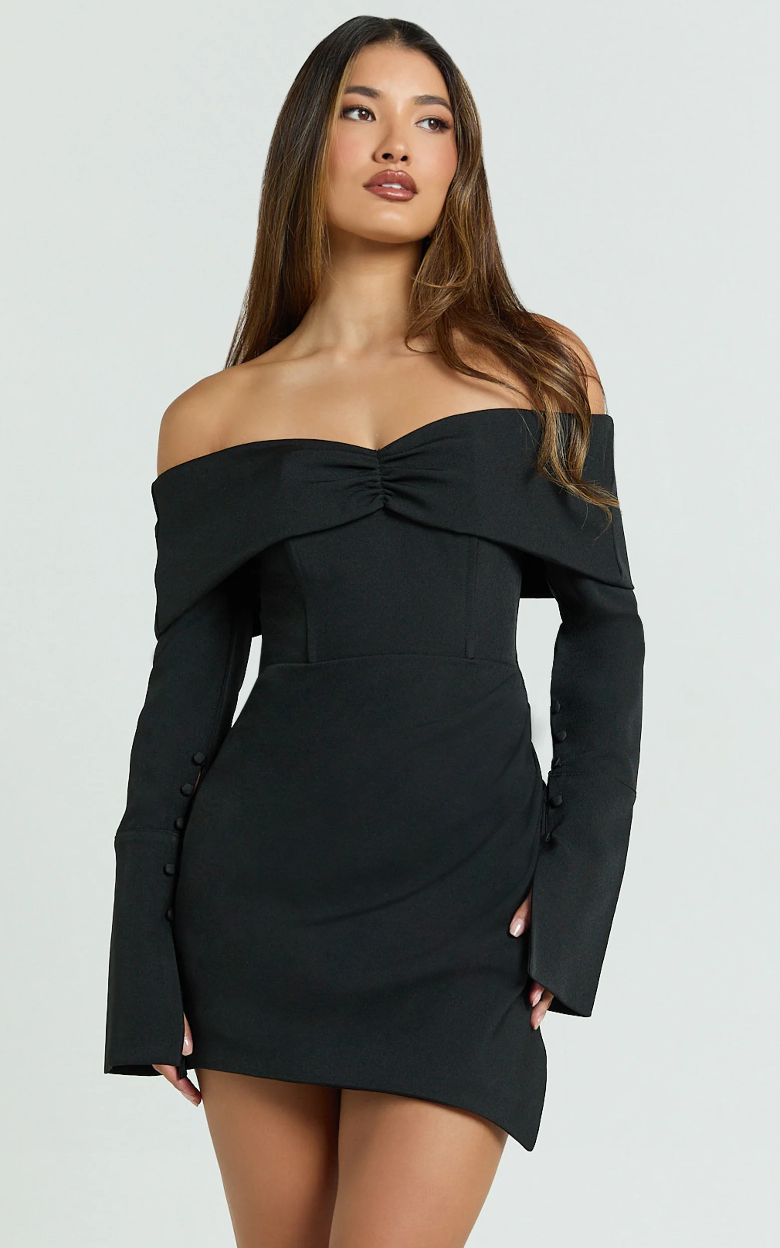 Cyrus Mini Dress - Off Shoulder Long Sleeve Fit And Flare Dress in Black