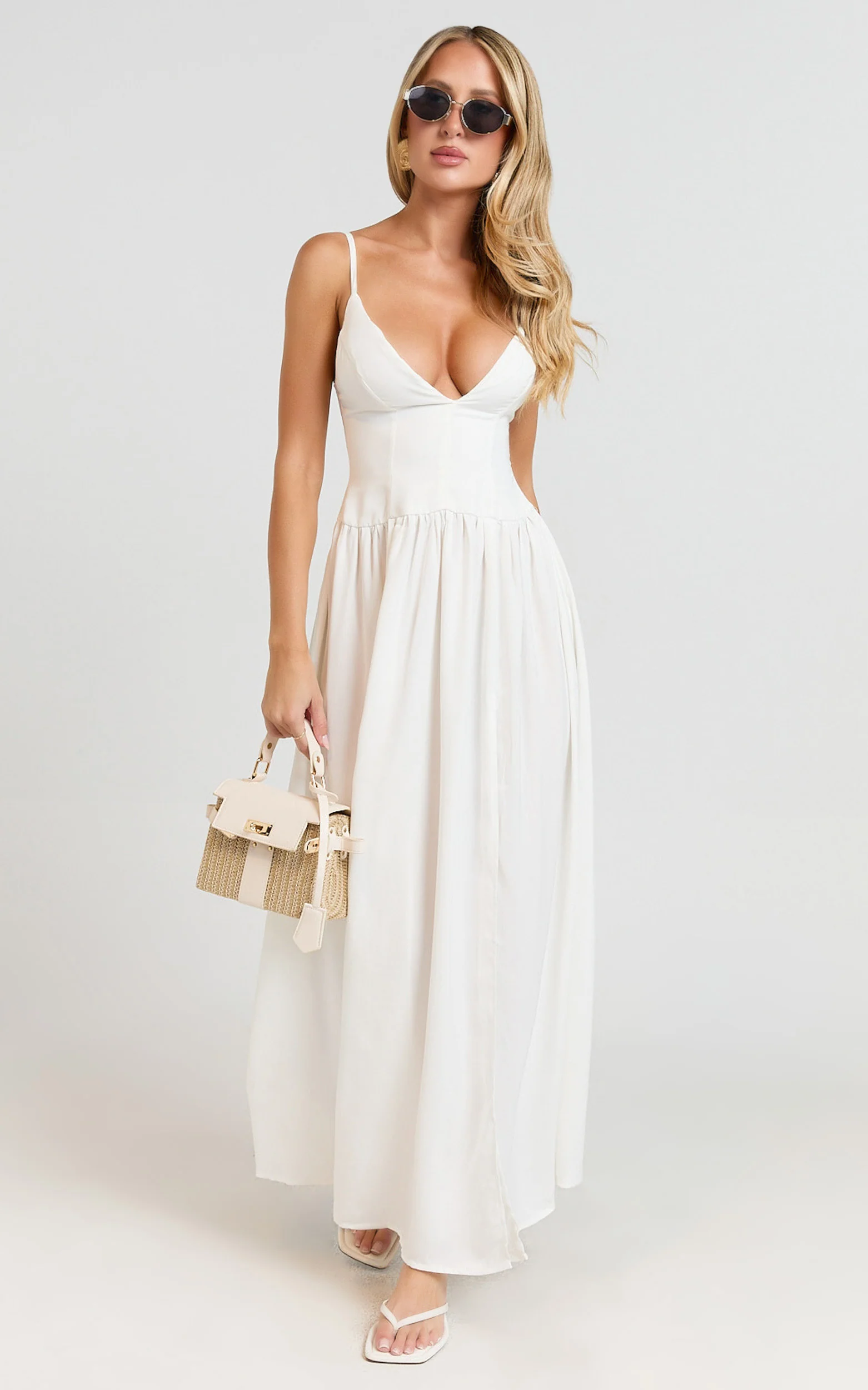 Jamilla Maxi Dress - Plunge Drop Waist High Leg Split Dress in Off White