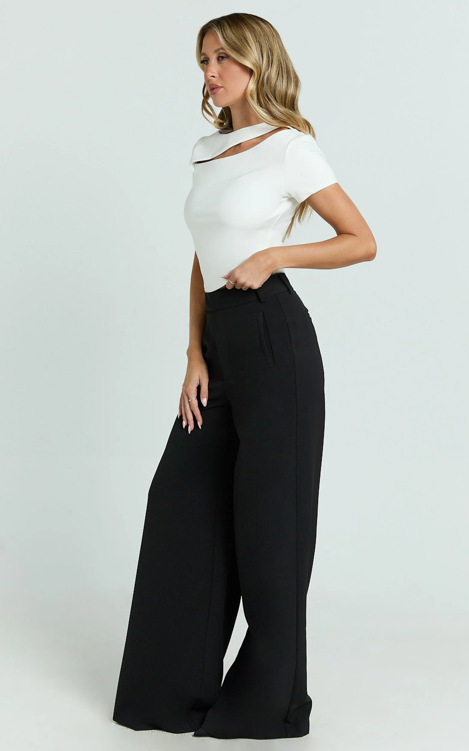 Tina Top - High Neck Cap Sleeve Cut Out Top in Off White