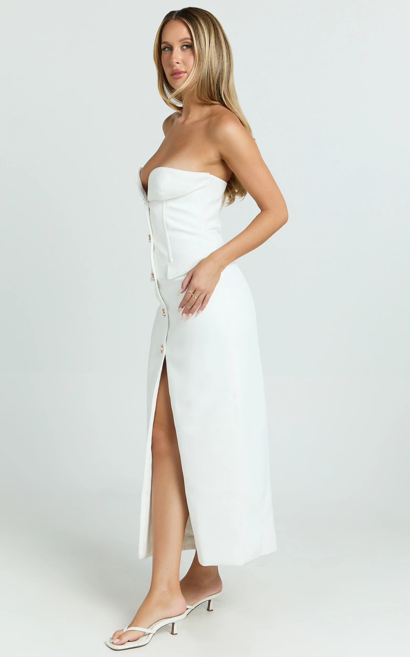 Wilde Midi Dress - Boucle Strapless Button Front Bodycon Dress in White