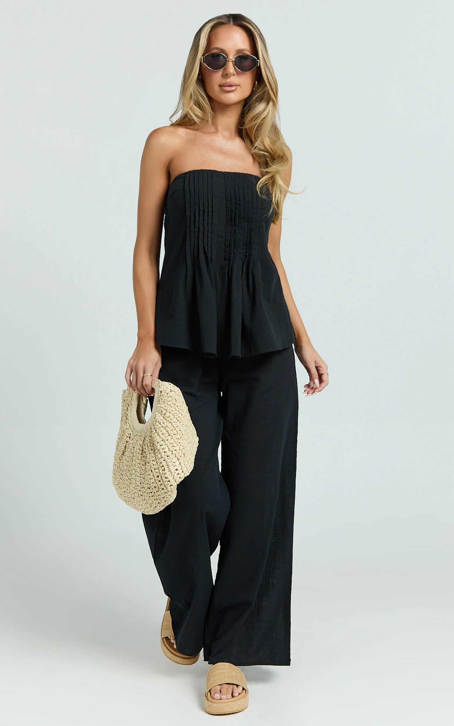 Carli Two Piece Top and Pants Set - Cotton Tube Pant Set in Black
