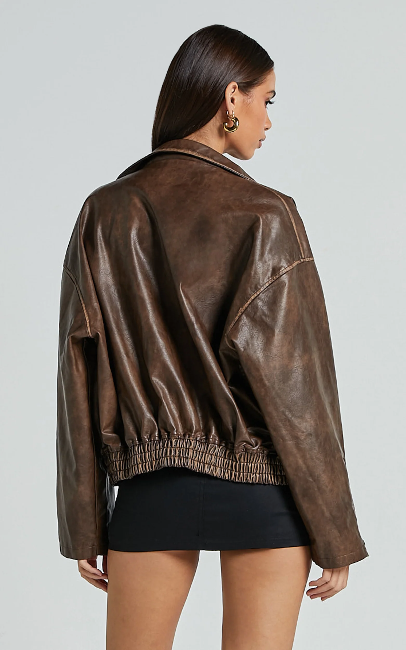 Sophia Jacket - Crop PU Bomber Jacket in Brown