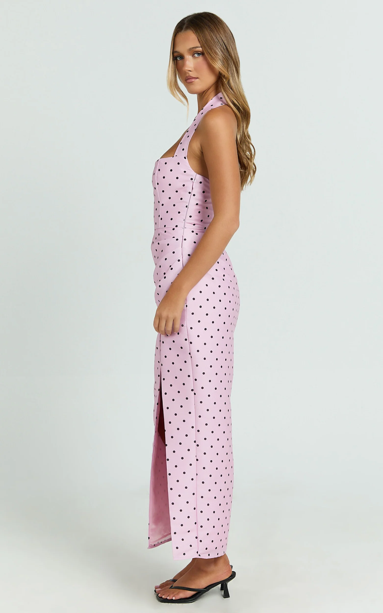 Leni Midi Dress - Halter V Neck Tucked Side Leg Split Skirt Fitted Dress in Pink