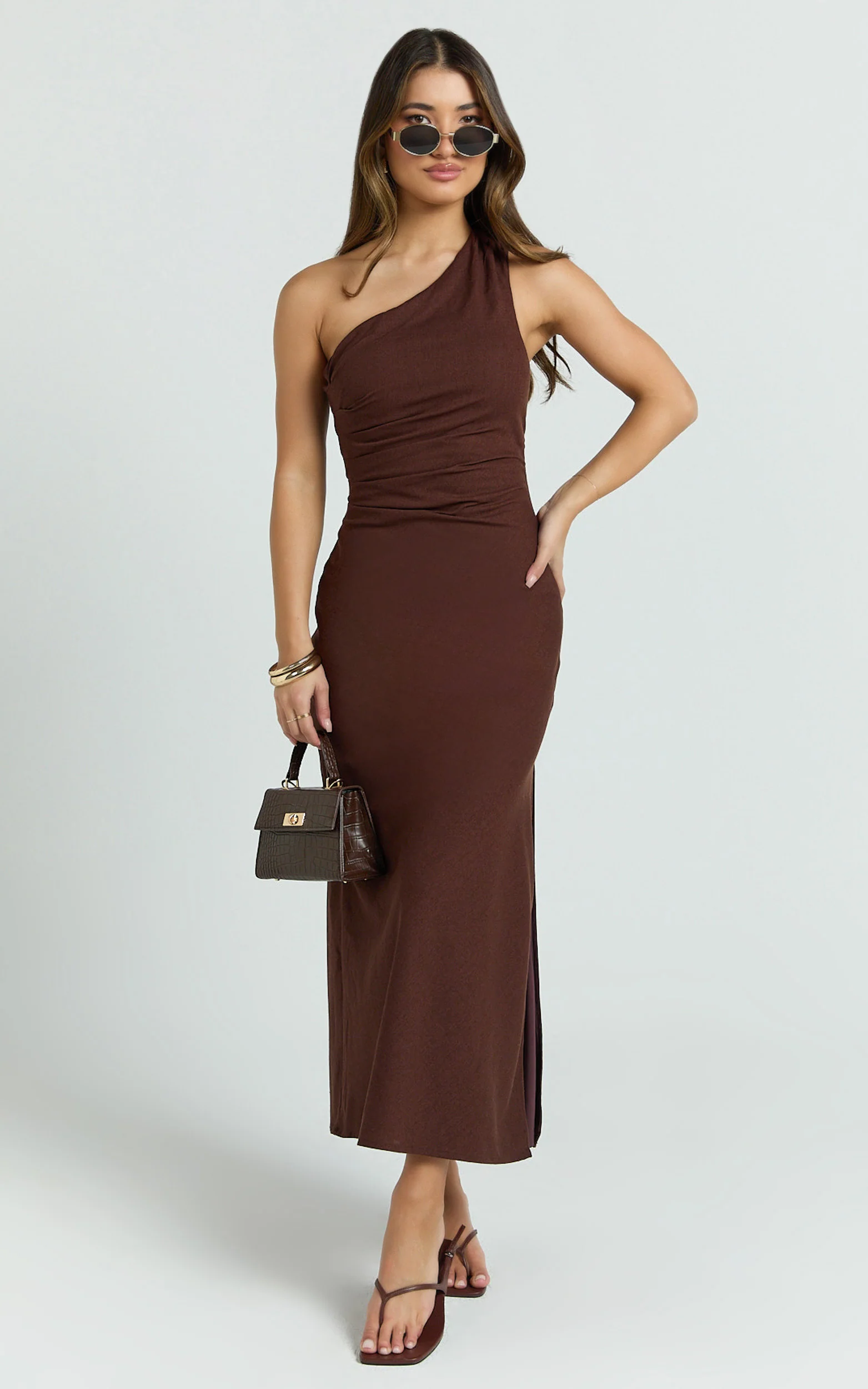 Cassia Midi Dress - One Shoulder A Line Dress in Chocolate