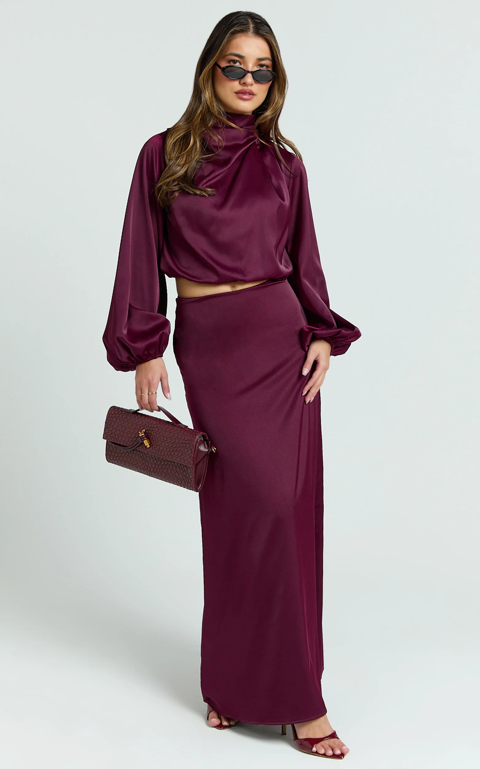 Tessie Two Piece Set - Long Sleeve Hight Neck Top and Maxi Skirt Set in Wine